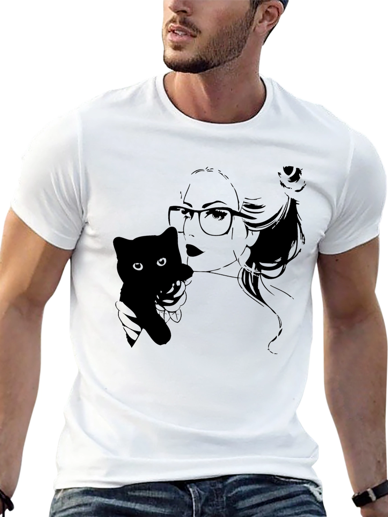 Black T-Shirt with Cat Lady Graphic