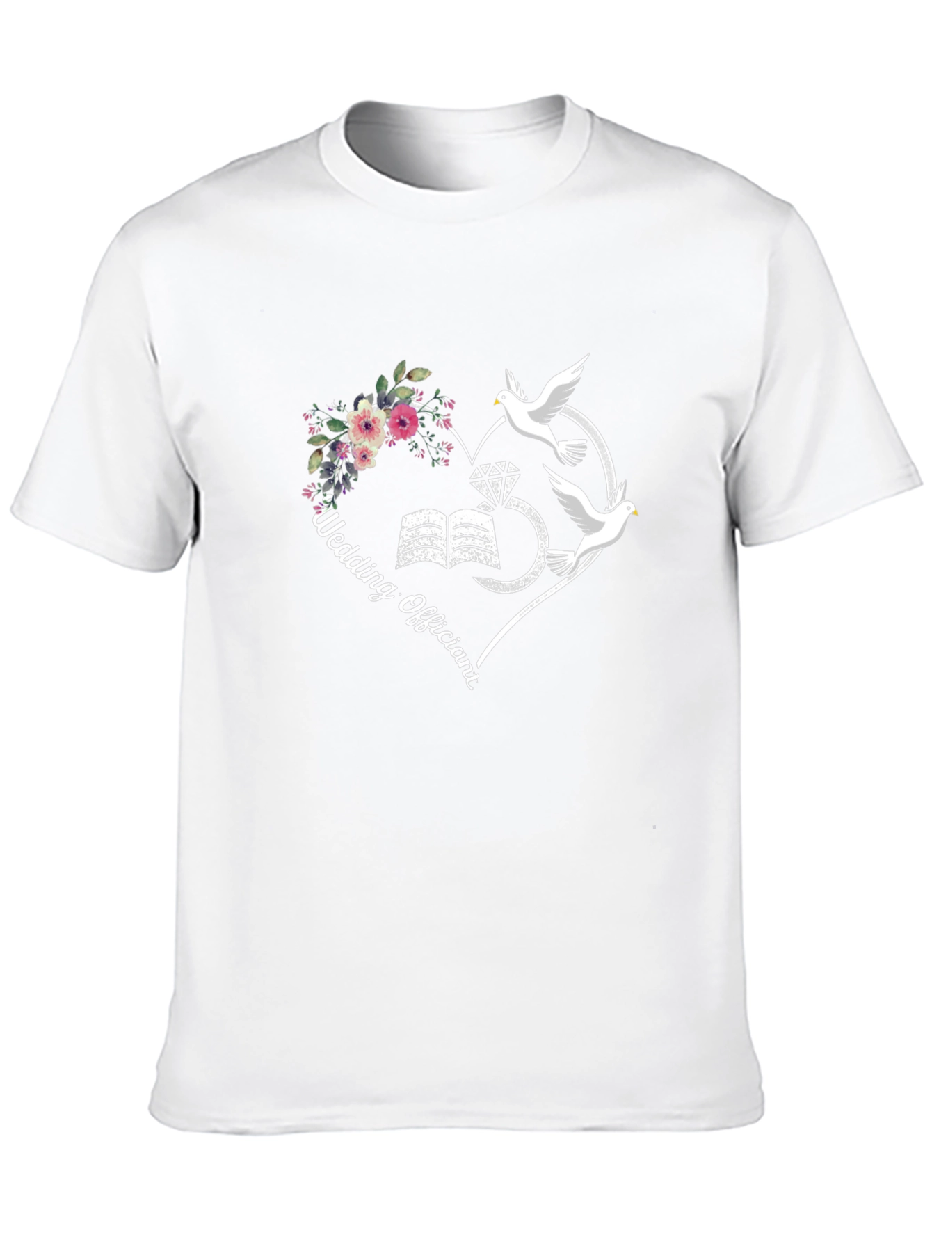 Wedding Officiant T-Shirt: Heart Doves Flowers Design
