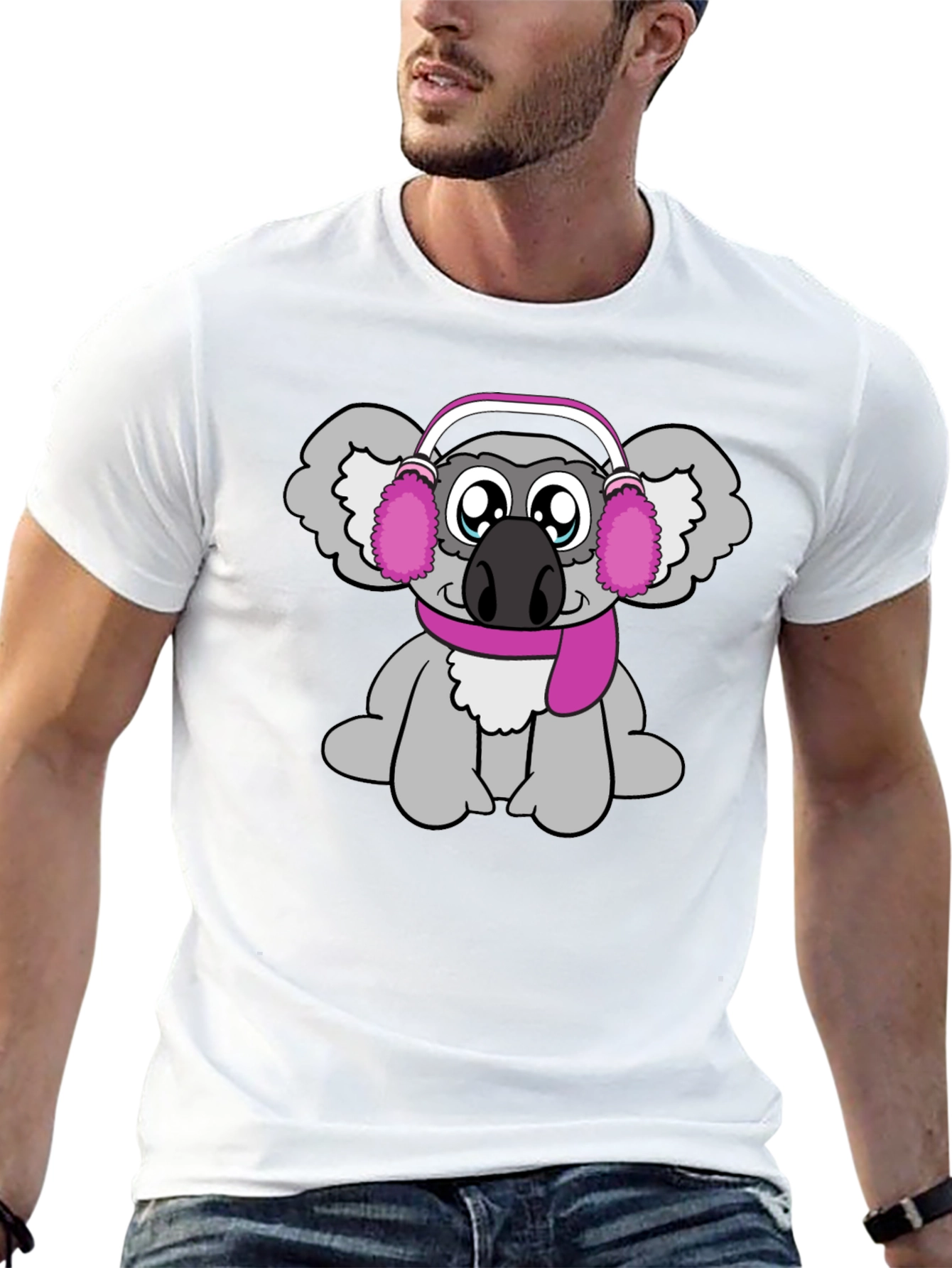 Cute Koala with Earmuffs Graphic Tee - Black