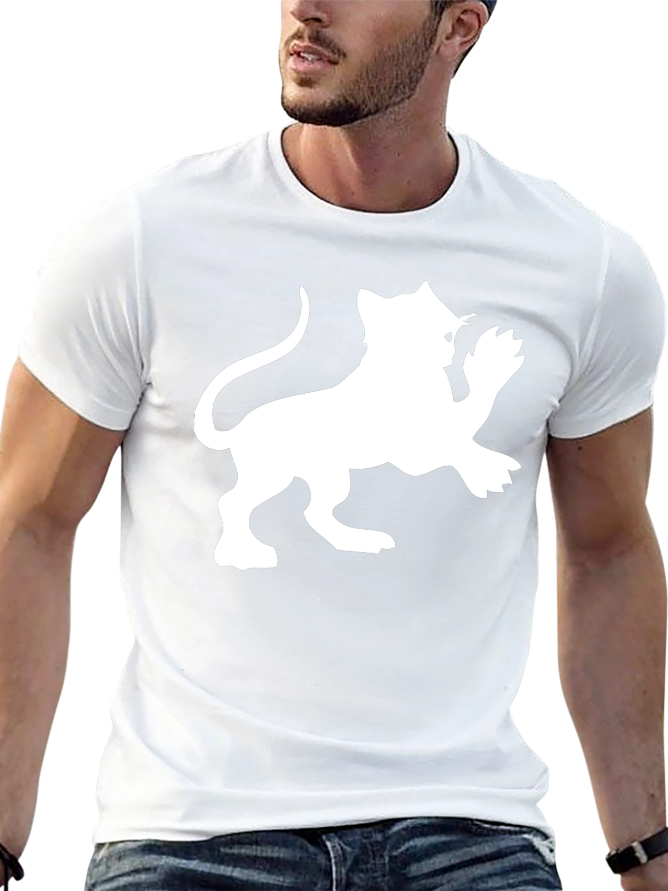 Black Tee with White Lion Graphic Print