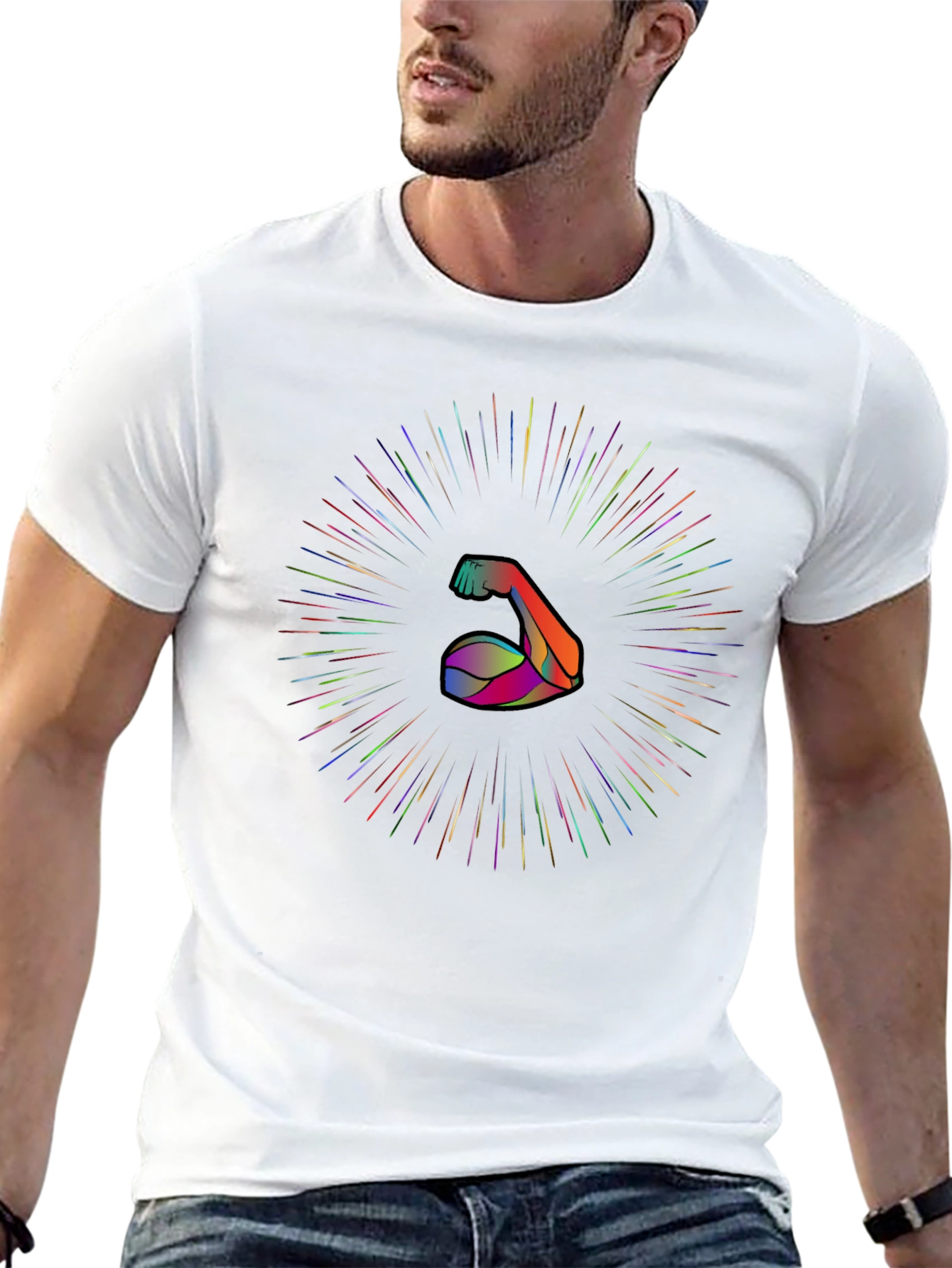 Muscle Power Tee: Rainbow Burst Arm Graphic Black T-Shirt