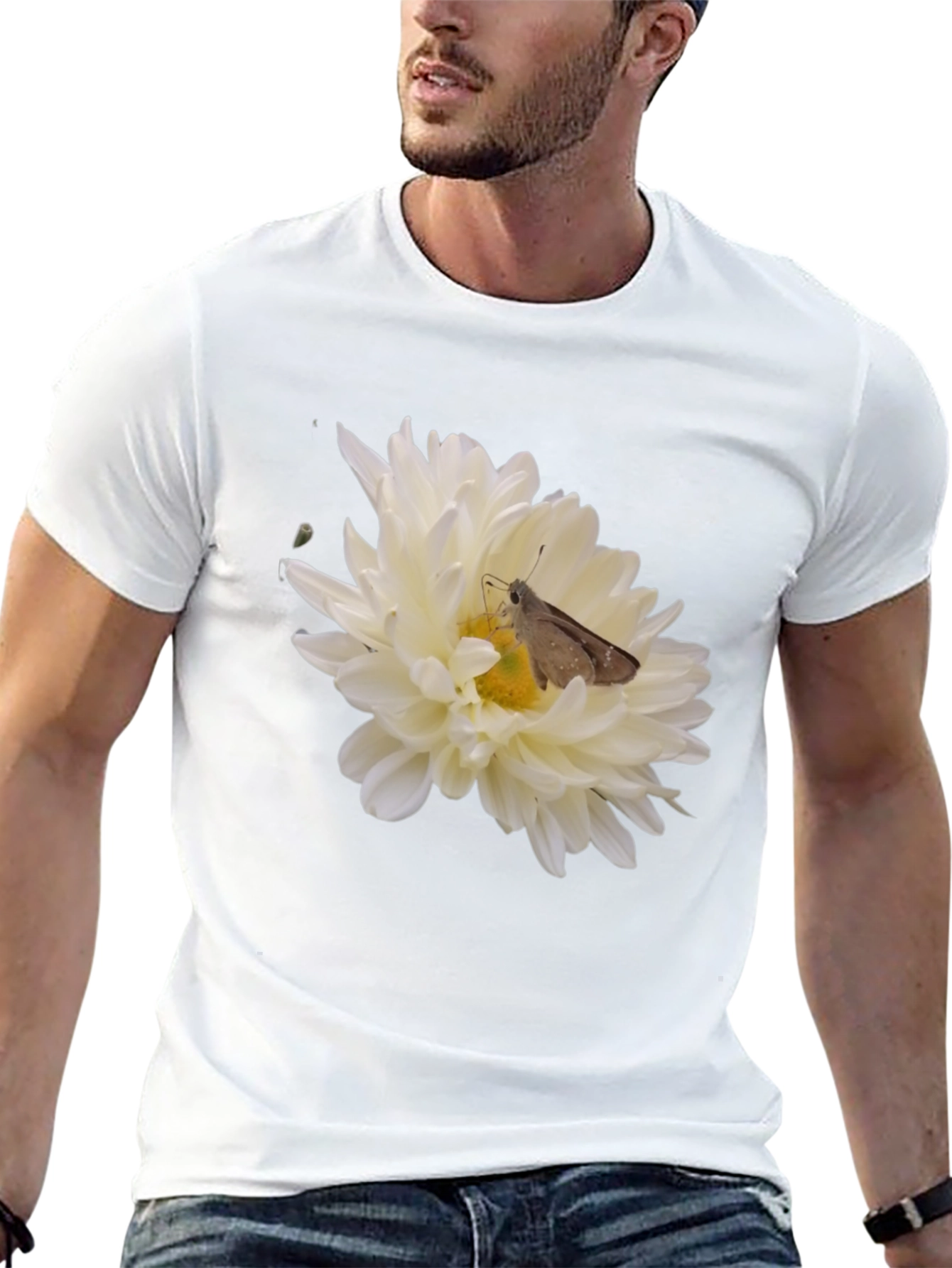 Black T-Shirt with Flower and Moth Design