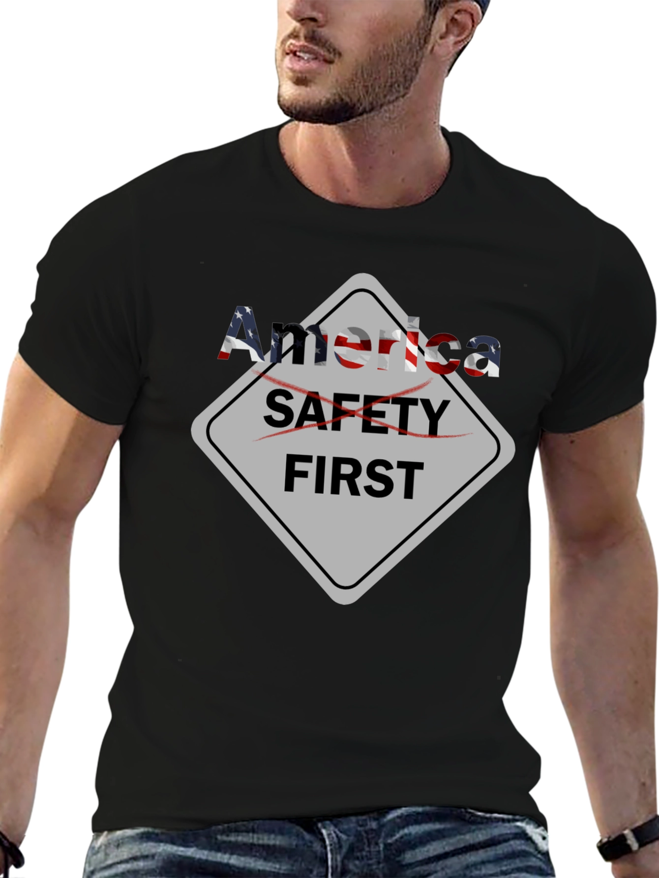 America Safety First Graphic Black T-Shirt