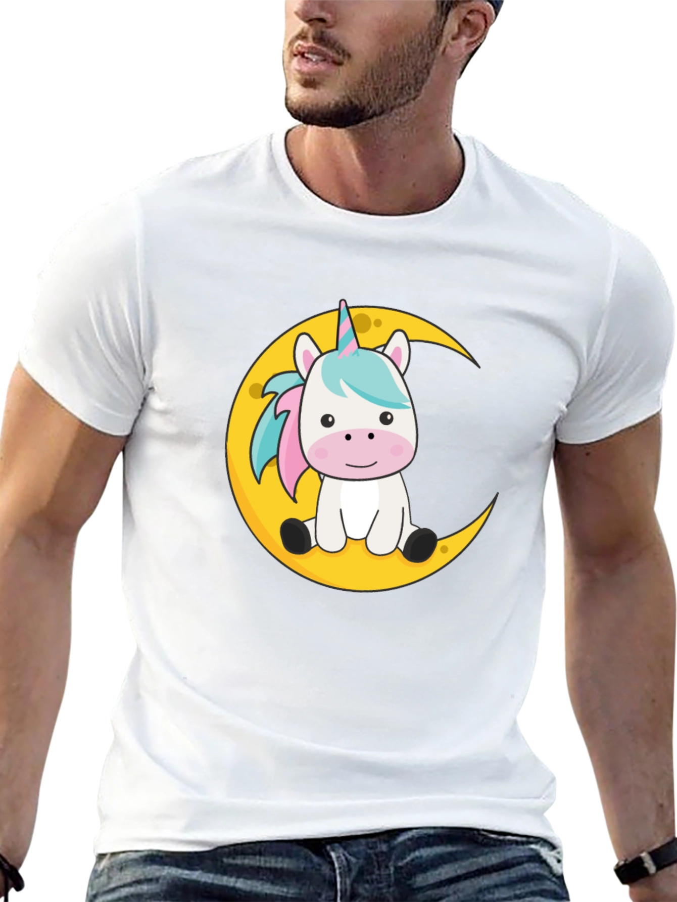 Cute Unicorn on Moon Black T-Shirt