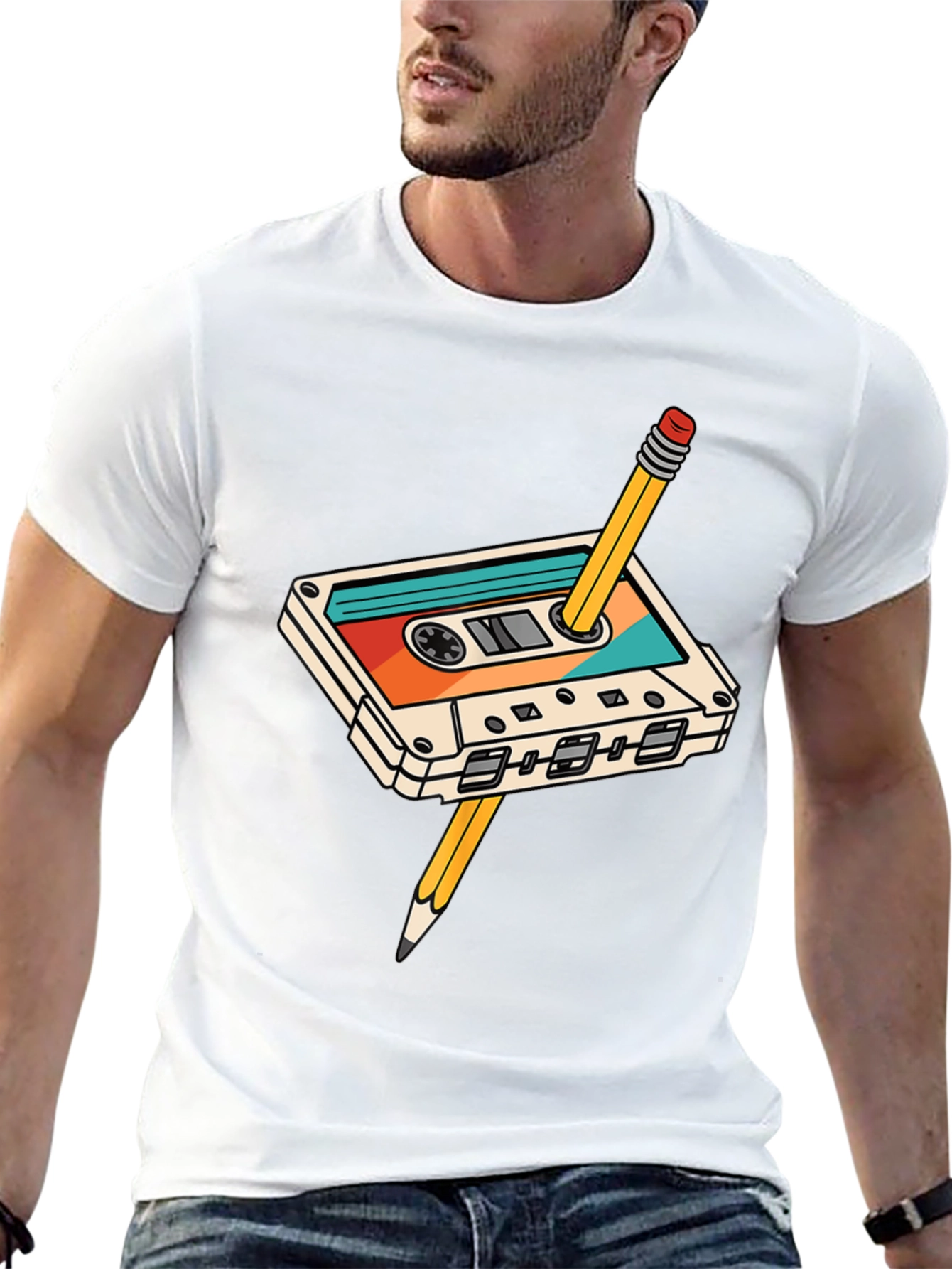 Retro Cassette Tape & Pencil Black T-Shirt