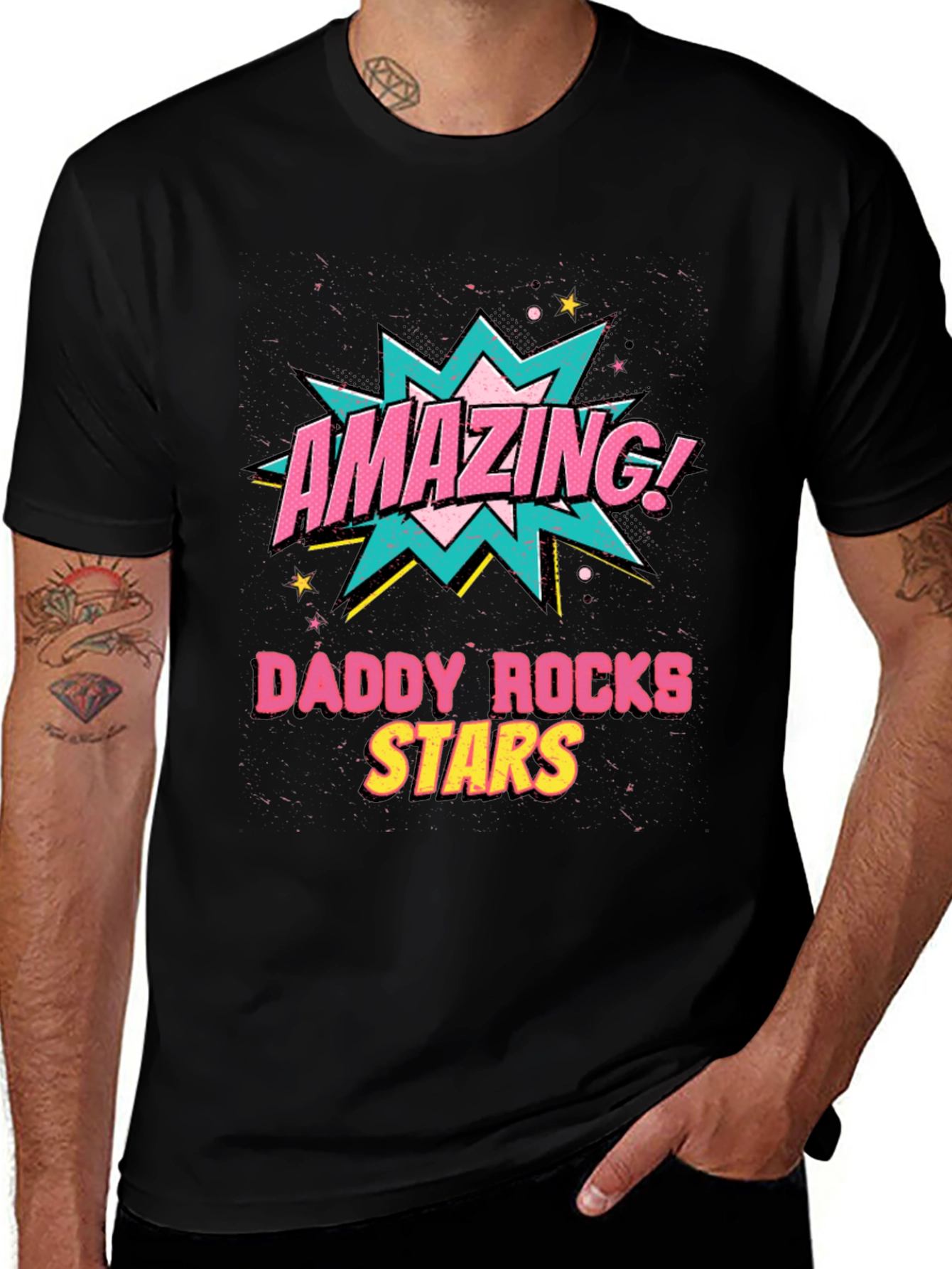 Amazing Daddy Rocks Stars Graphic T-Shirt - Black