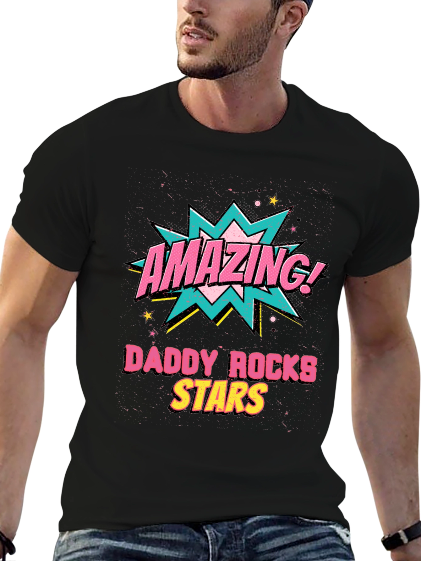 Amazing Daddy Rocks Stars Graphic T-Shirt - Black