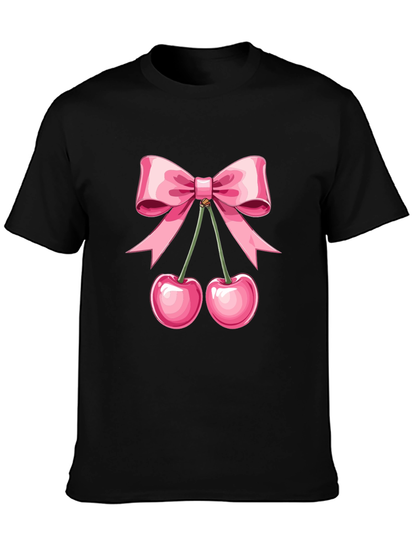 Cute Cherry Bow Graphic Black T-Shirt