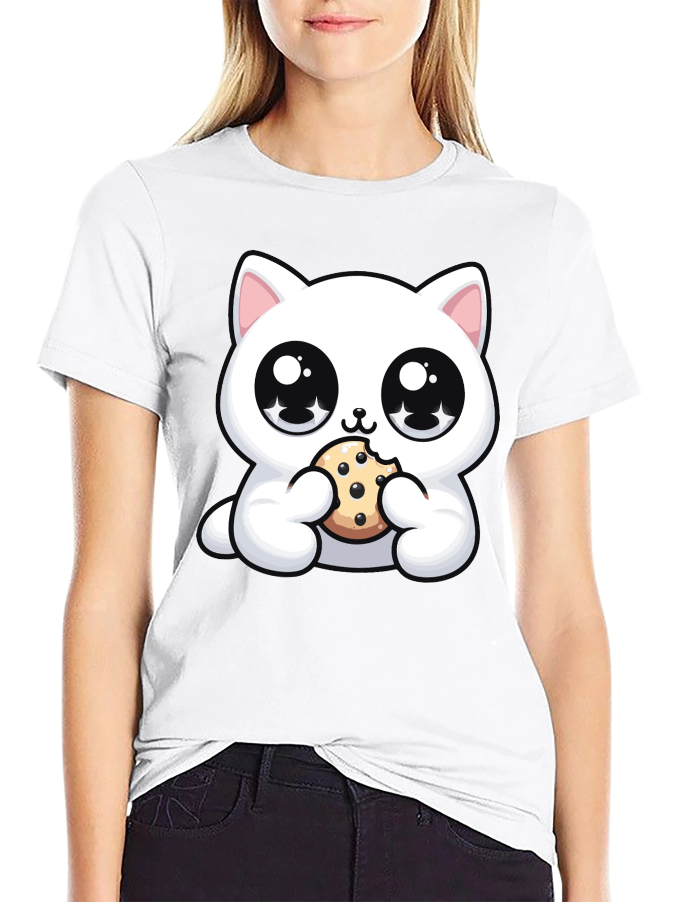 Cute Kitten Eating Cookie Graphic T-Shirt