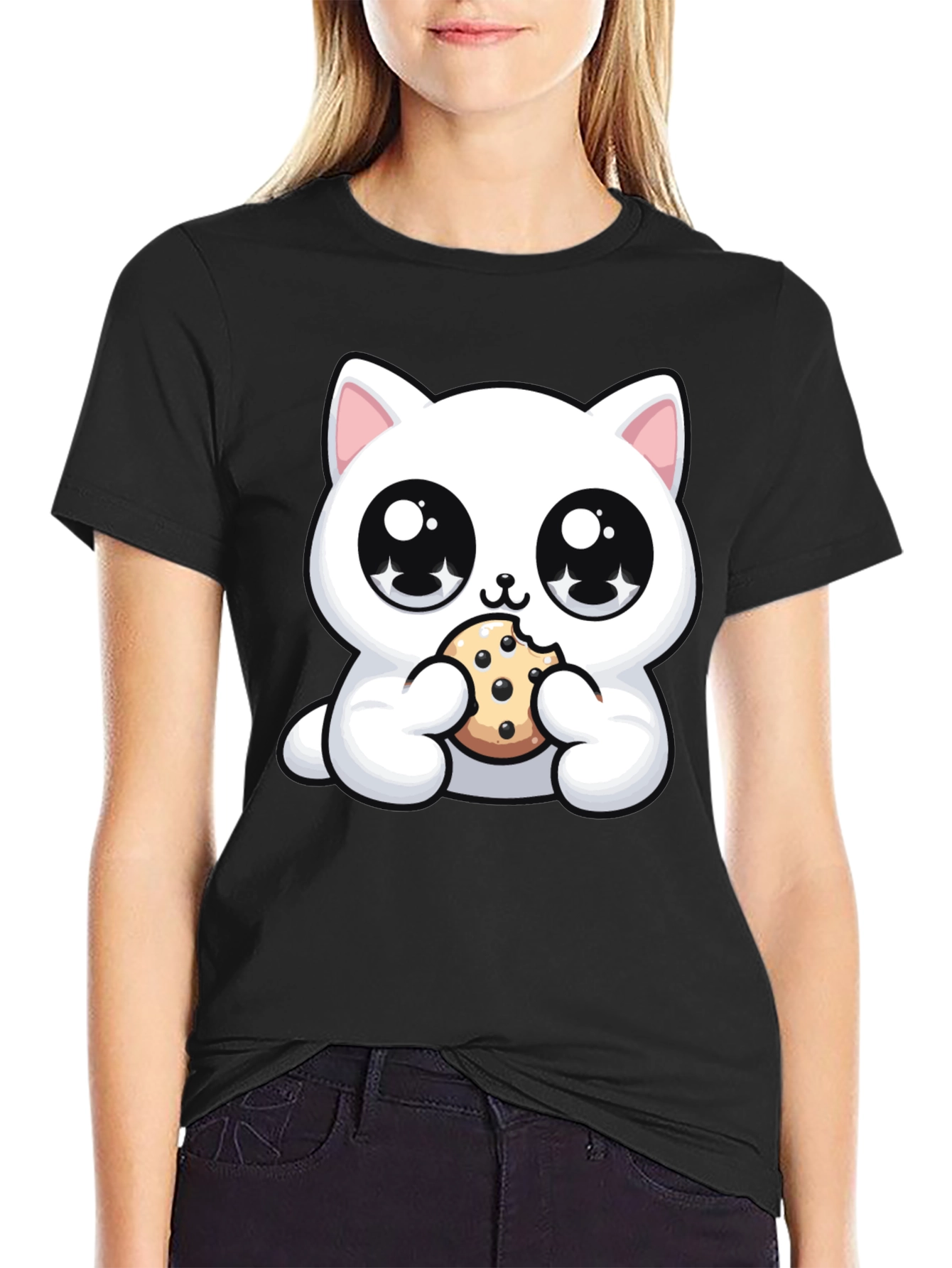 Cute Kitten Eating Cookie Graphic T-Shirt