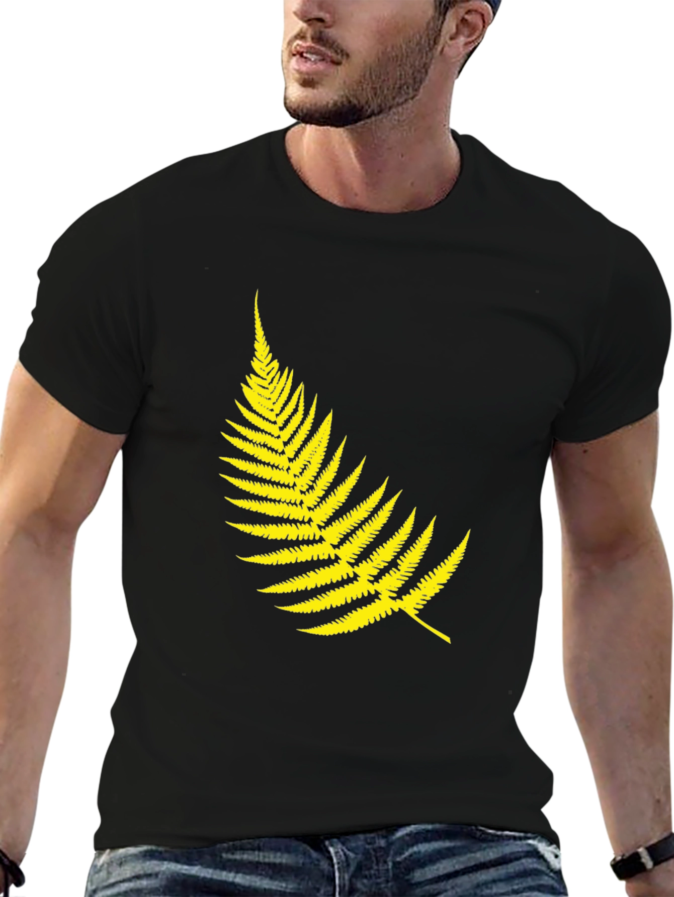 Mens Black T-Shirt with Yellow Fern Design