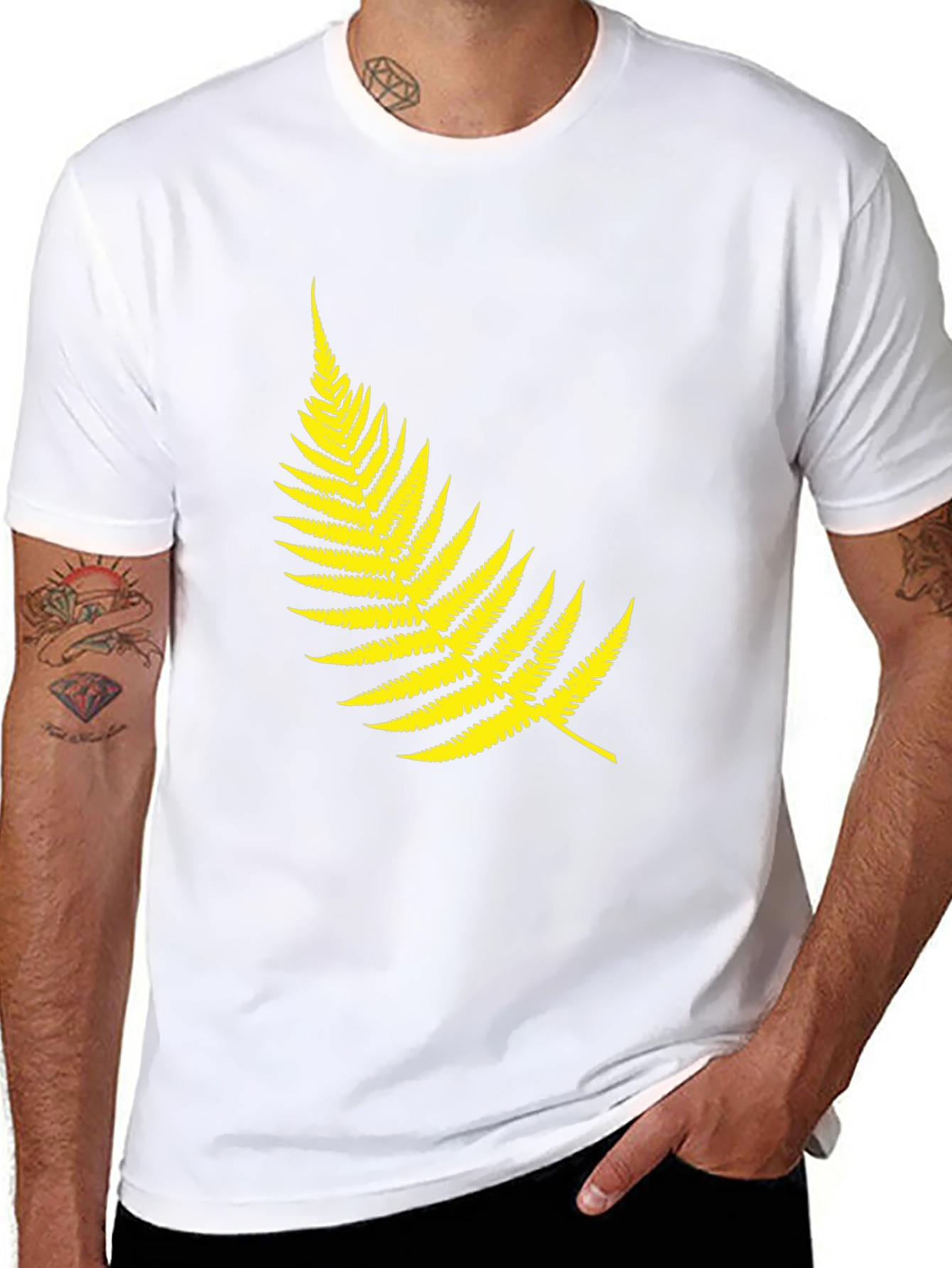 Mens Black T-Shirt with Yellow Fern Design