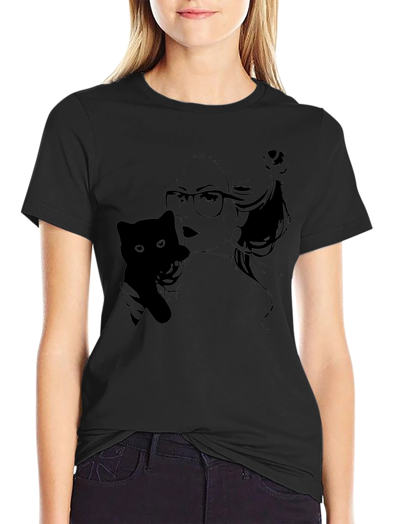 Black T-Shirt with Cat Lady Graphic