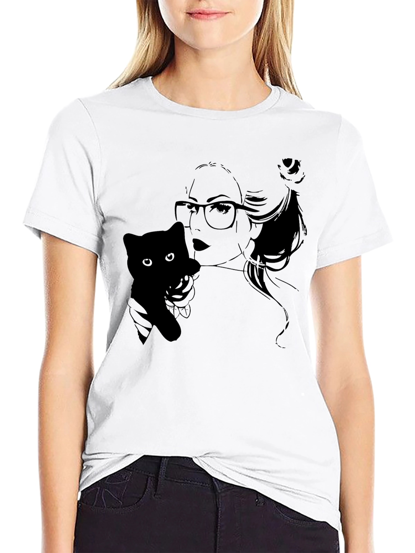 Black T-Shirt with Cat Lady Graphic