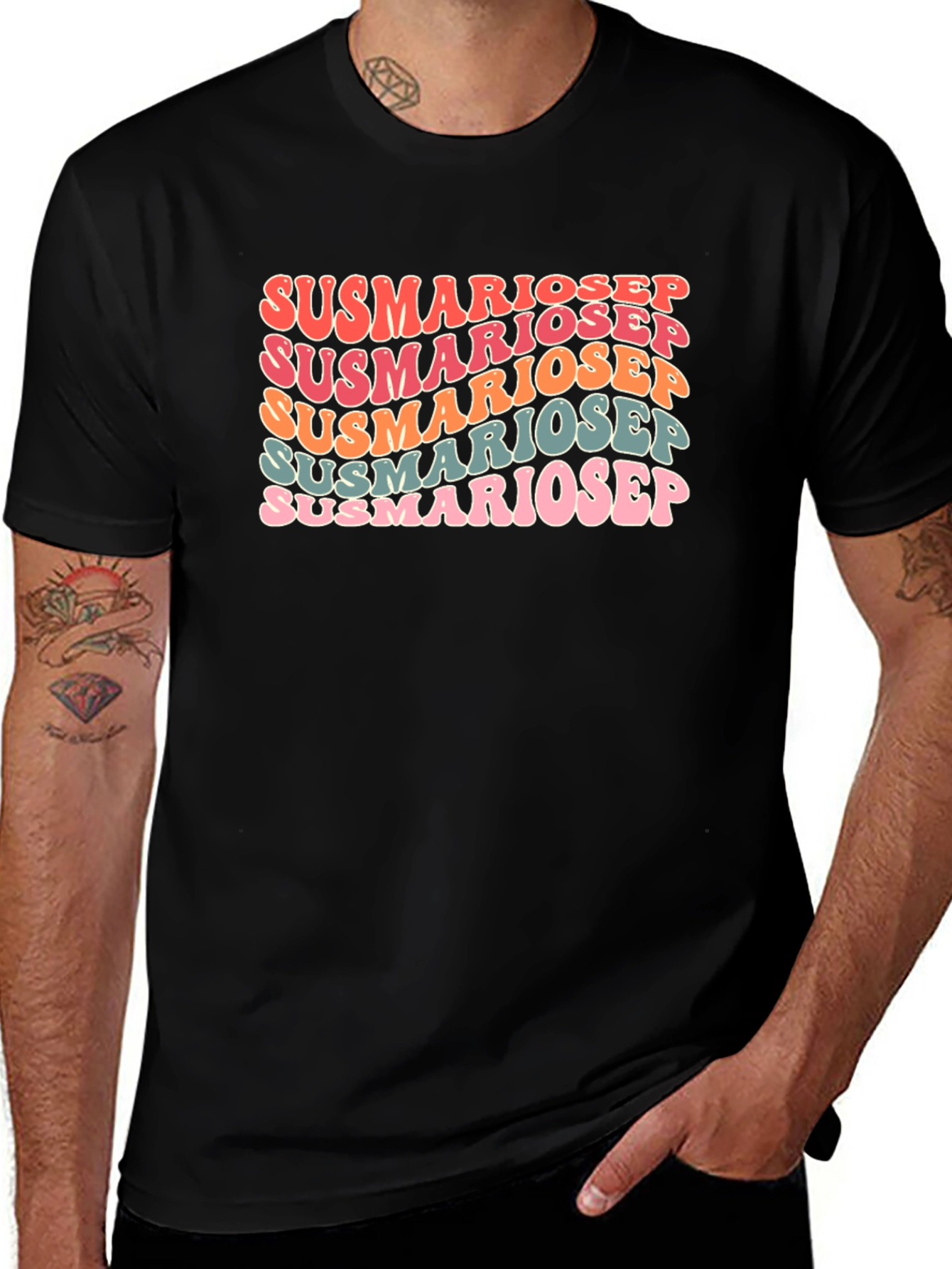 Susmariosep Text Graphic Tee - Retro Style Black T-Shirt