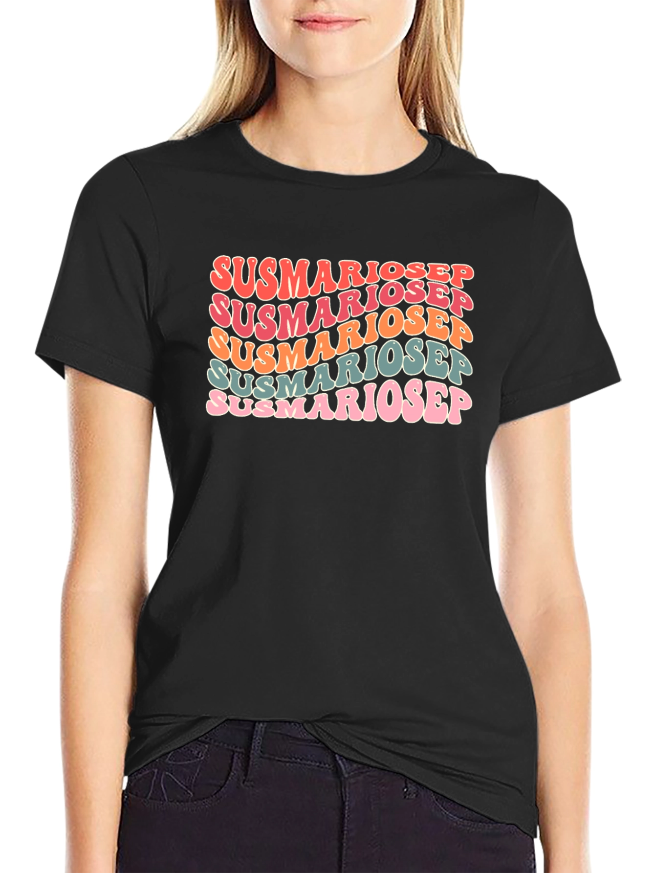 Susmariosep Text Graphic Tee - Retro Style Black T-Shirt