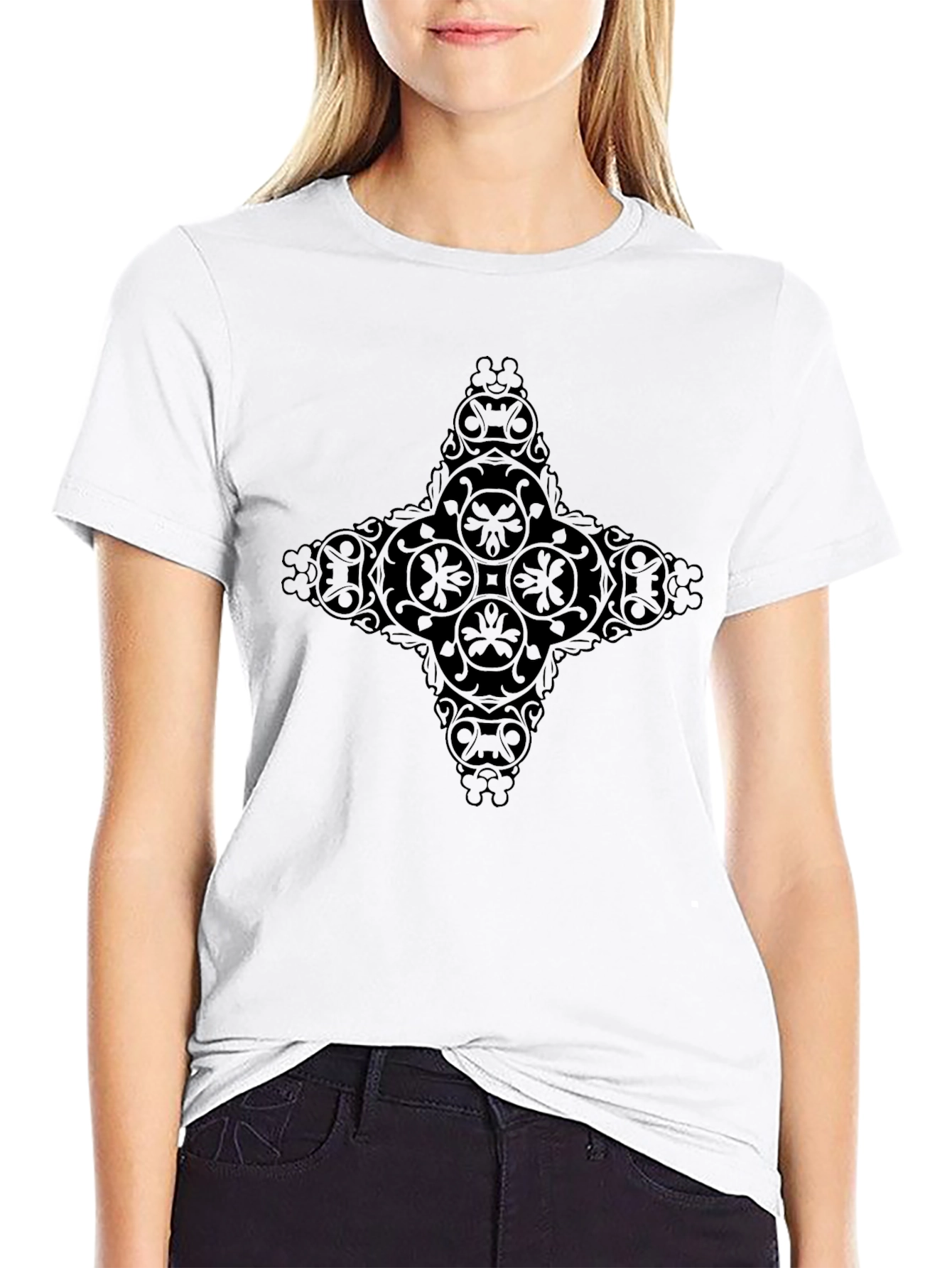 Mens Black Graphic Tee - Ornate Cross Design