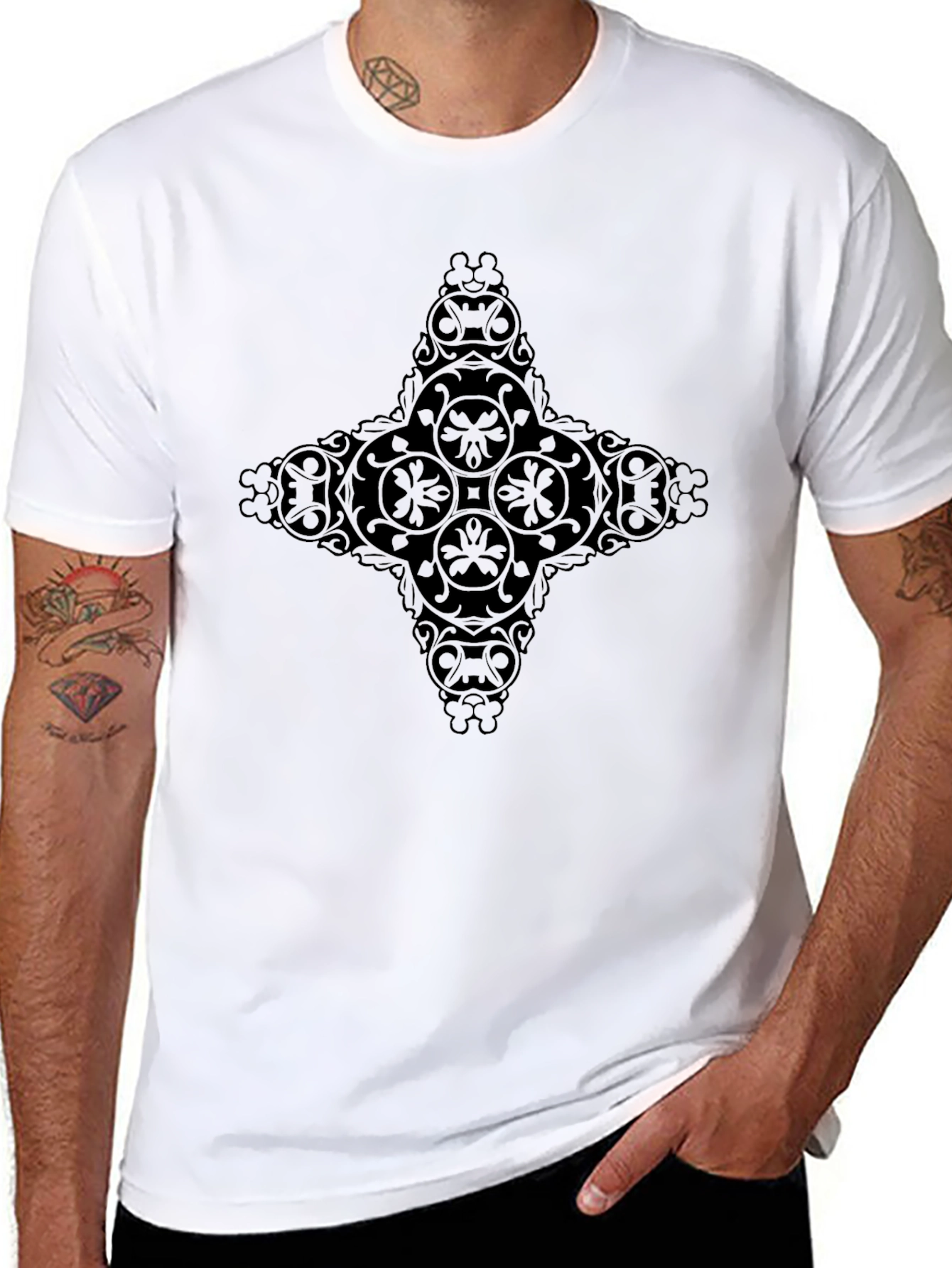 Mens Black Graphic Tee - Ornate Cross Design