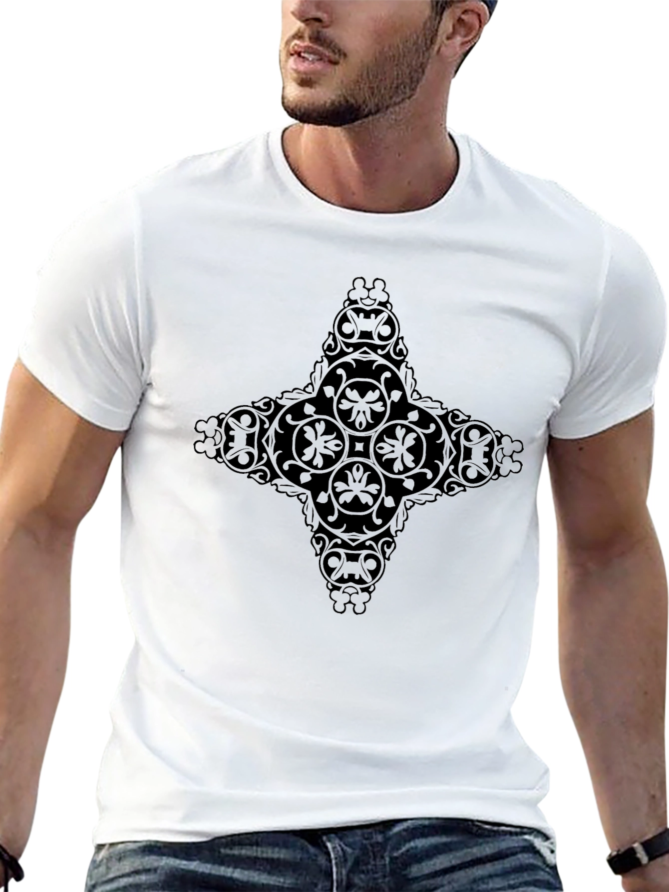 Mens Black Graphic Tee - Ornate Cross Design