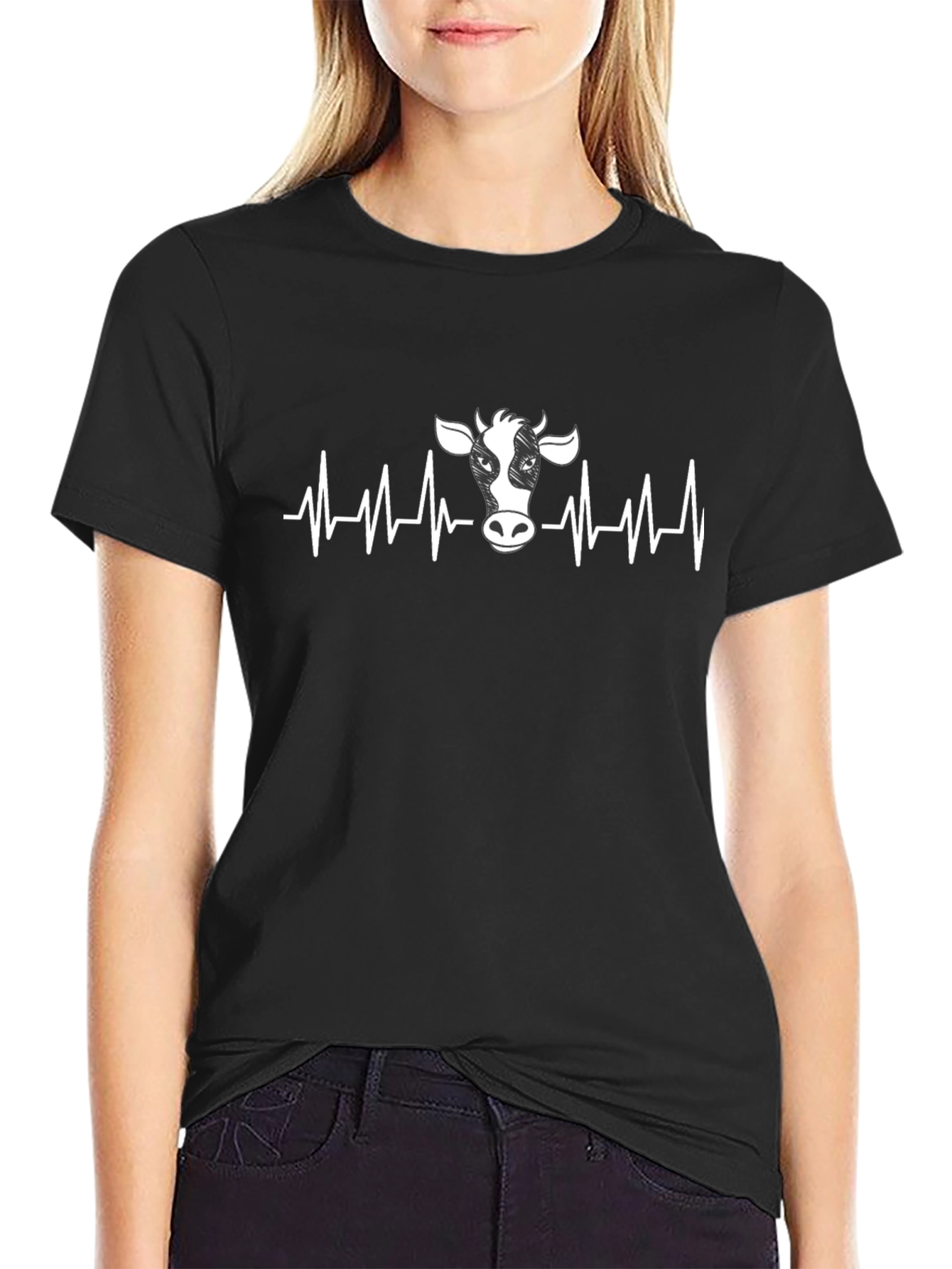 Cow Heartbeat Graphic T-Shirt - Black