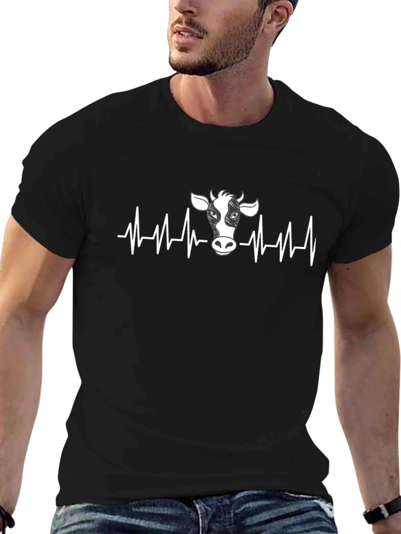 Cow Heartbeat Graphic T-Shirt - Black