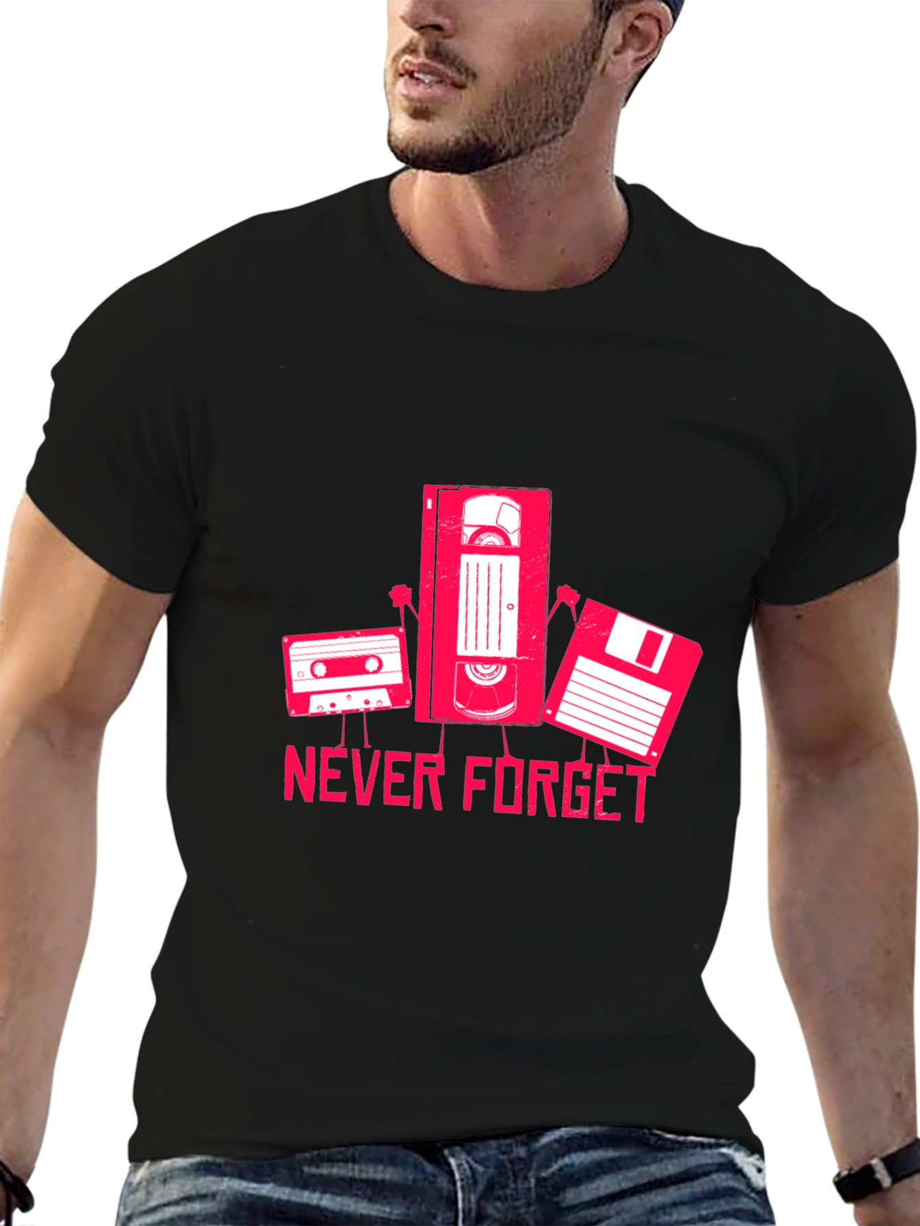 Never Forget Cassette VHS Floppy Disk Black T-Shirt