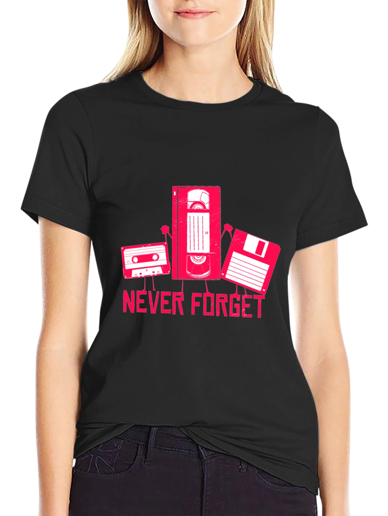Never Forget Cassette VHS Floppy Disk Black T-Shirt