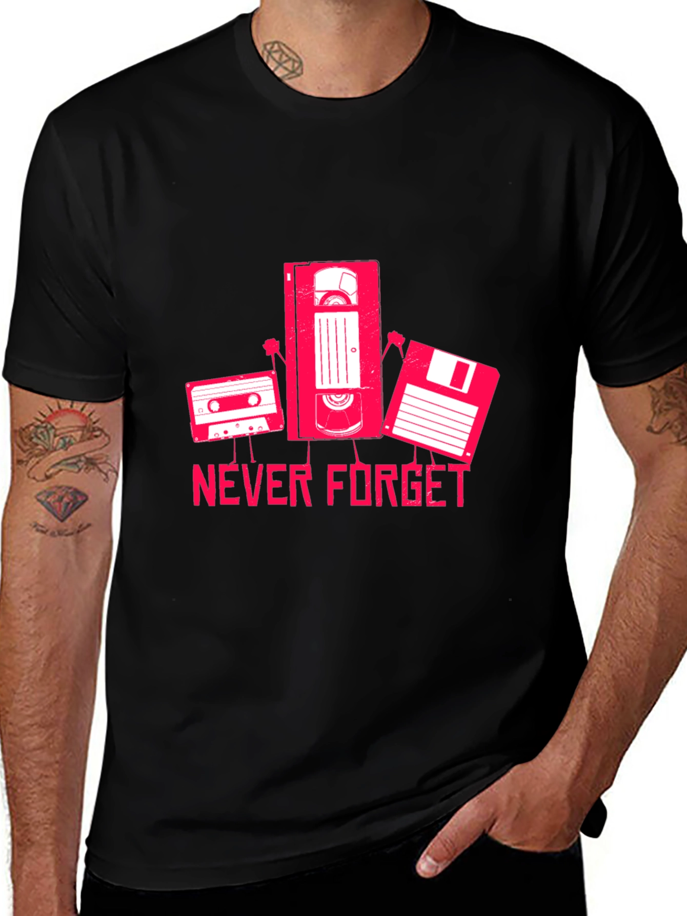 Never Forget Cassette VHS Floppy Disk Black T-Shirt