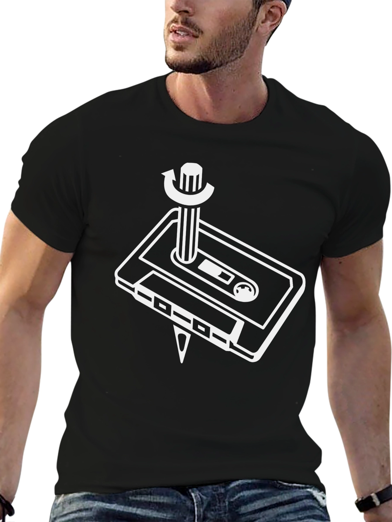 Retro Cassette Rewind T-Shirt - Black
