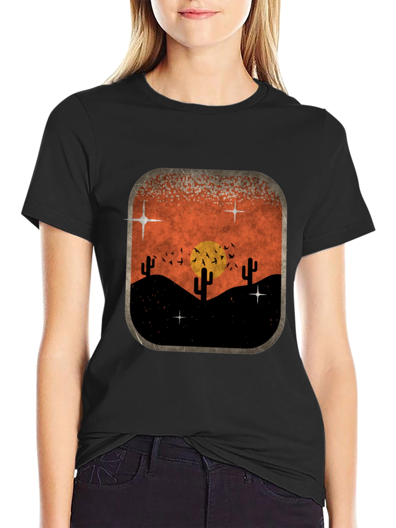 Retro Desert Sunset Graphic Tee - Classic Black