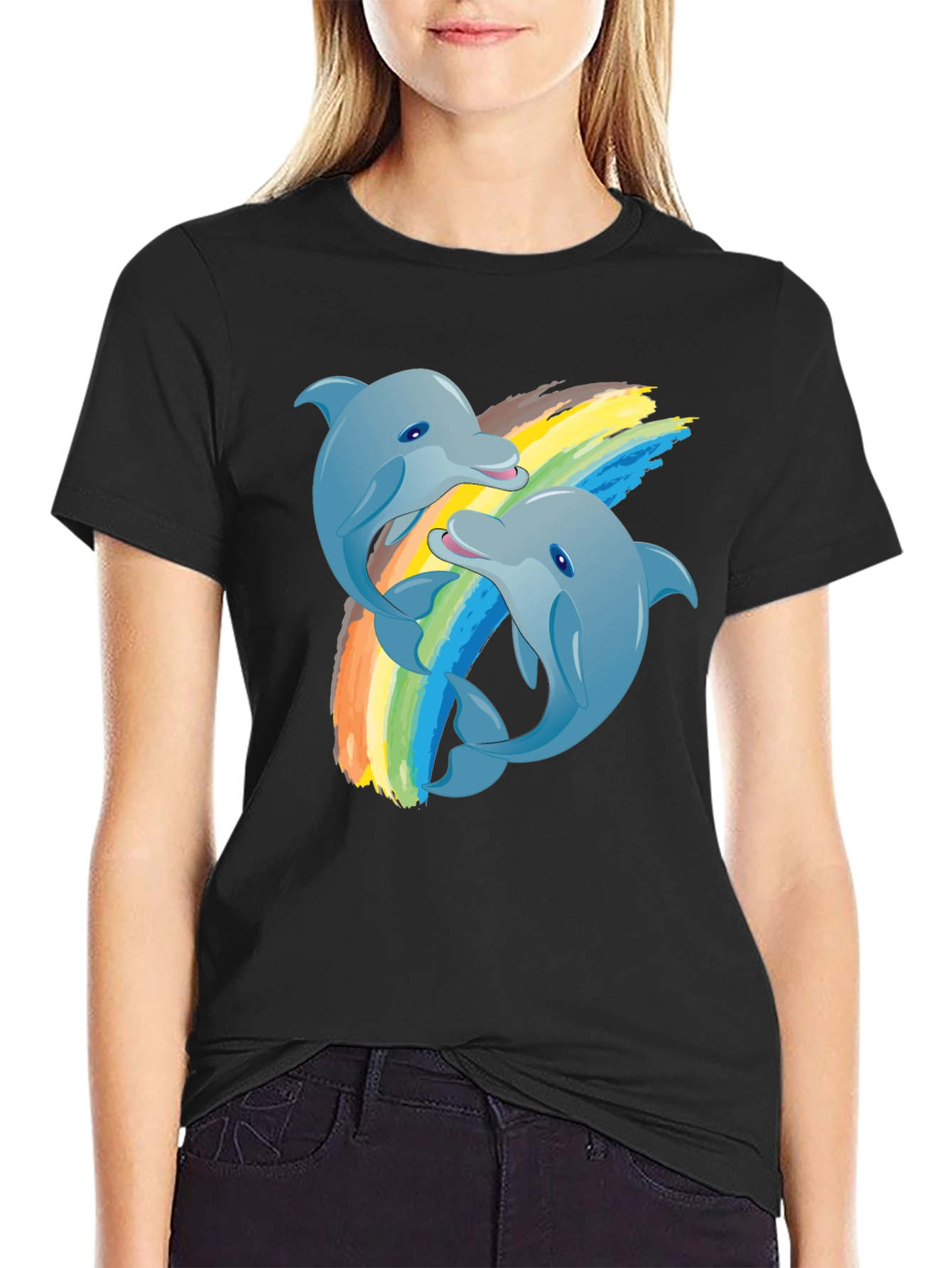 Dolphin Rainbow T-Shirt: Black Cotton Tee