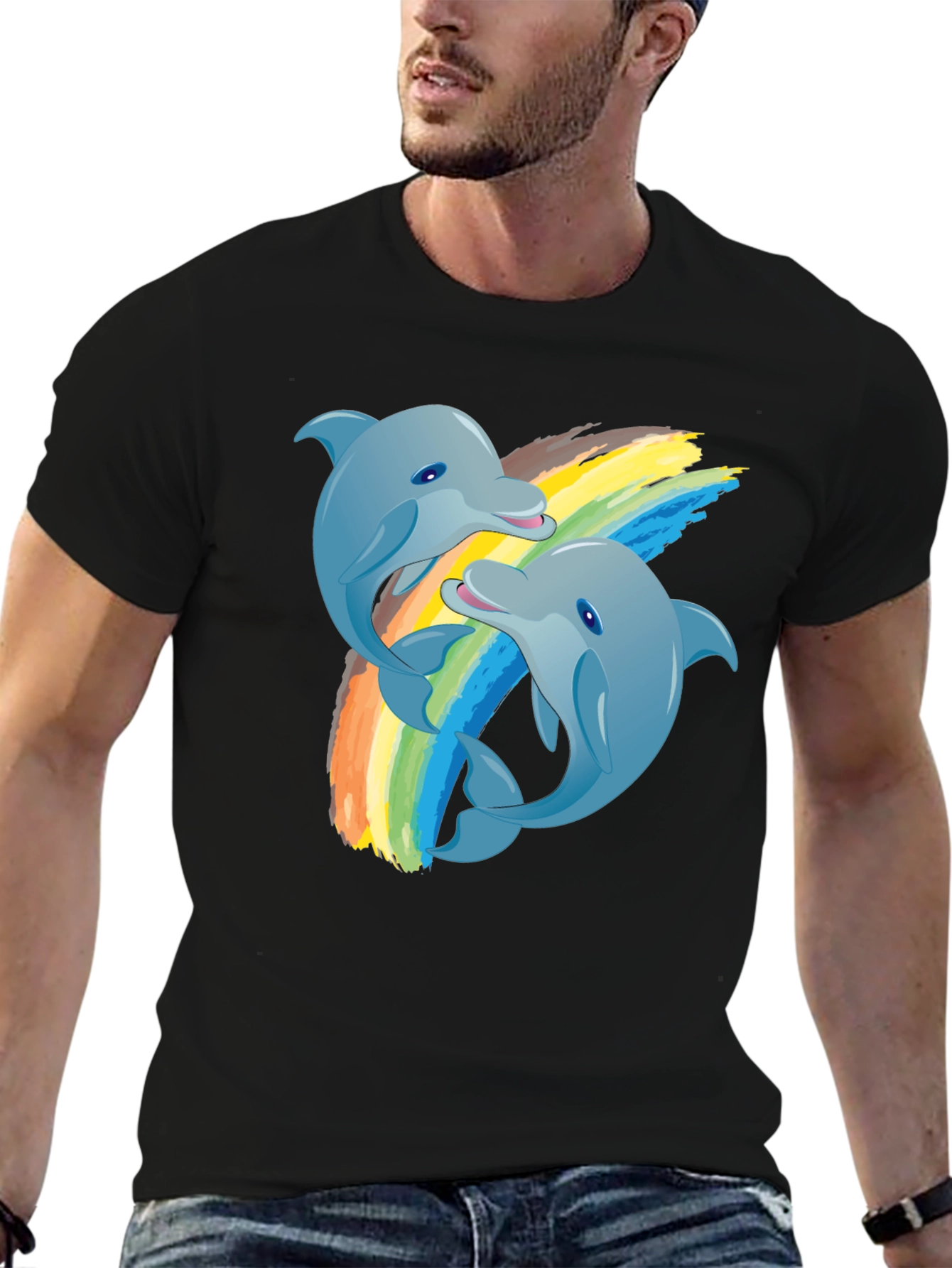 Dolphin Rainbow T-Shirt: Black Cotton Tee