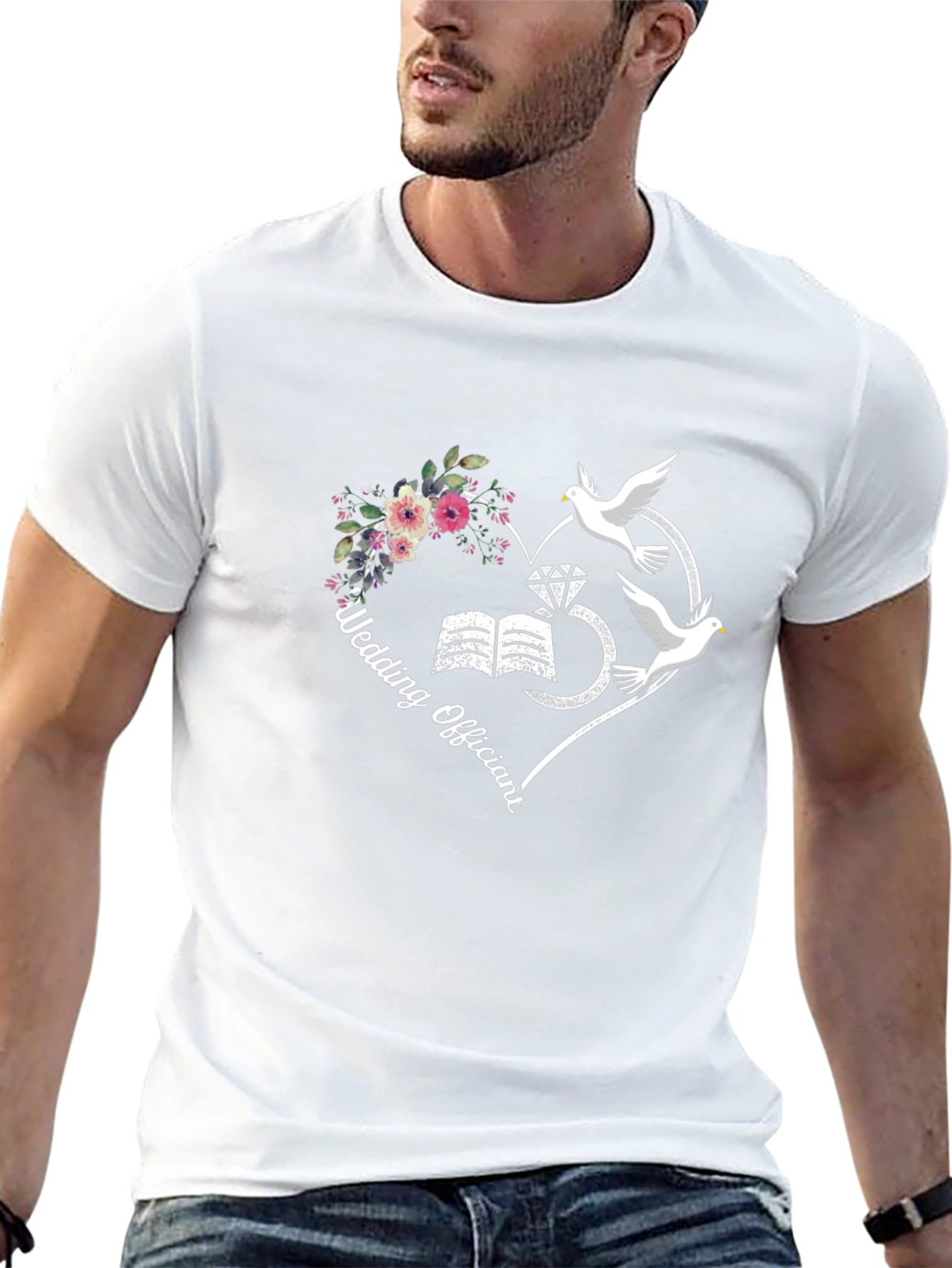 Wedding Officiant T-Shirt: Heart Doves Flowers Design