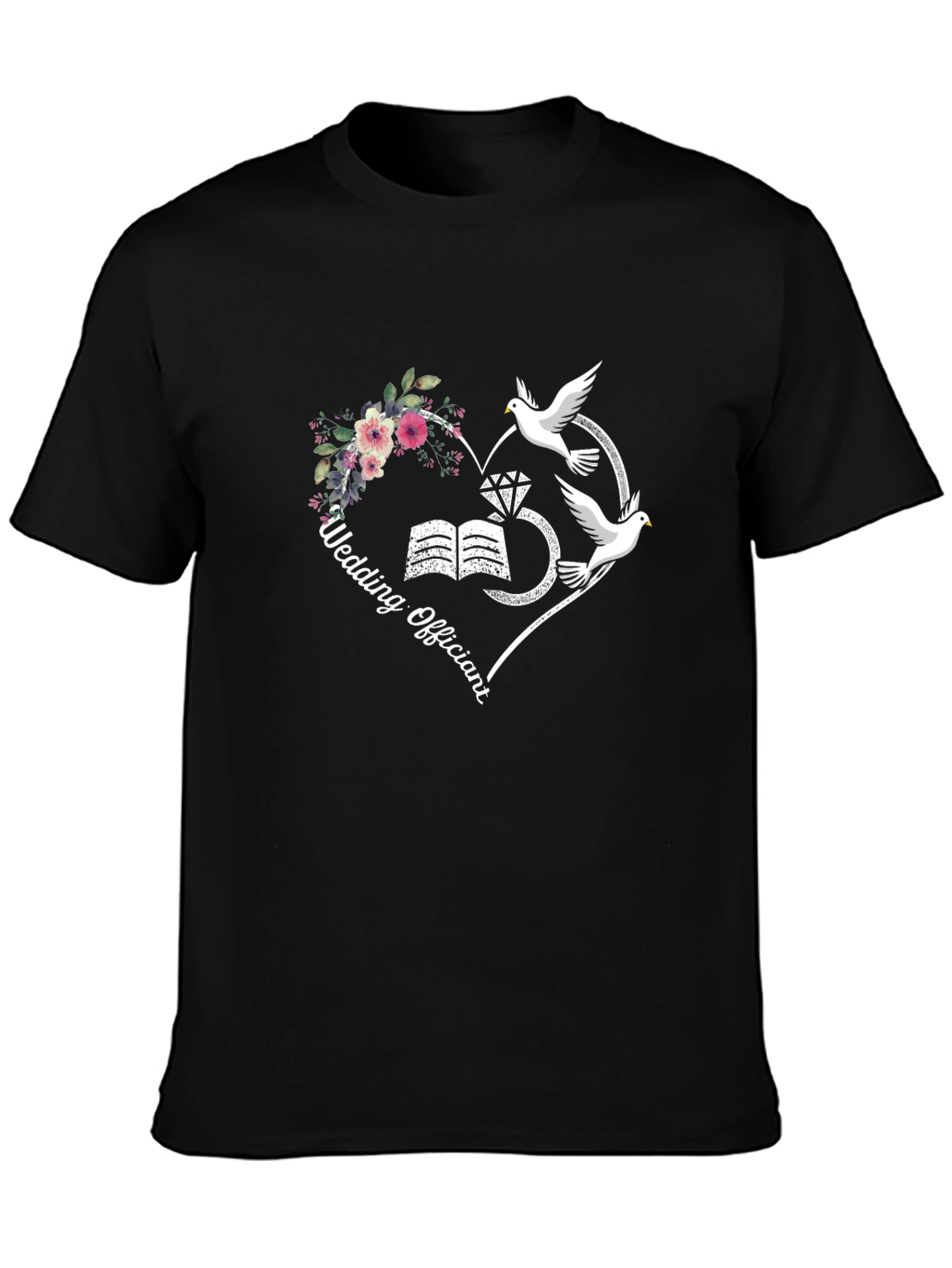 Wedding Officiant T-Shirt: Heart Doves Flowers Design