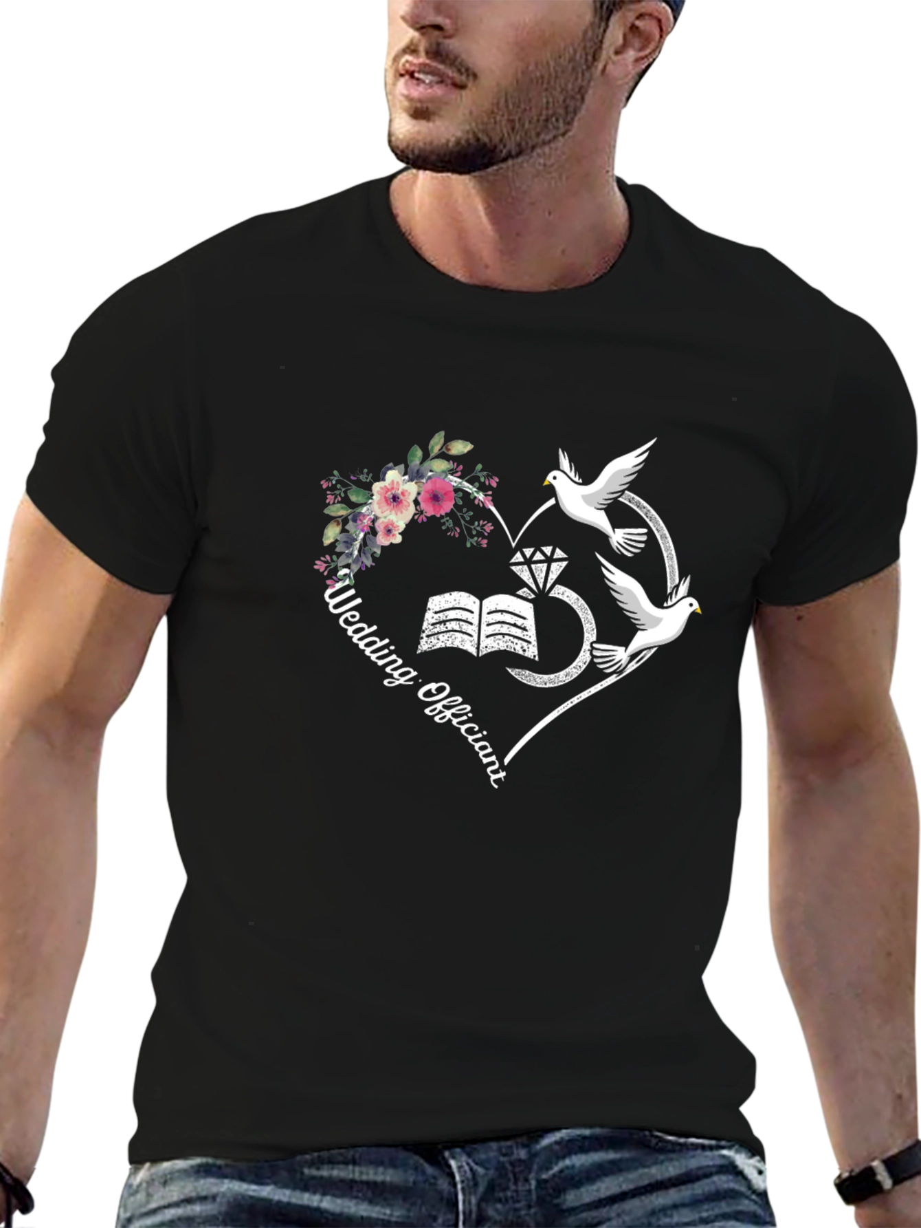 Wedding Officiant T-Shirt: Heart Doves Flowers Design