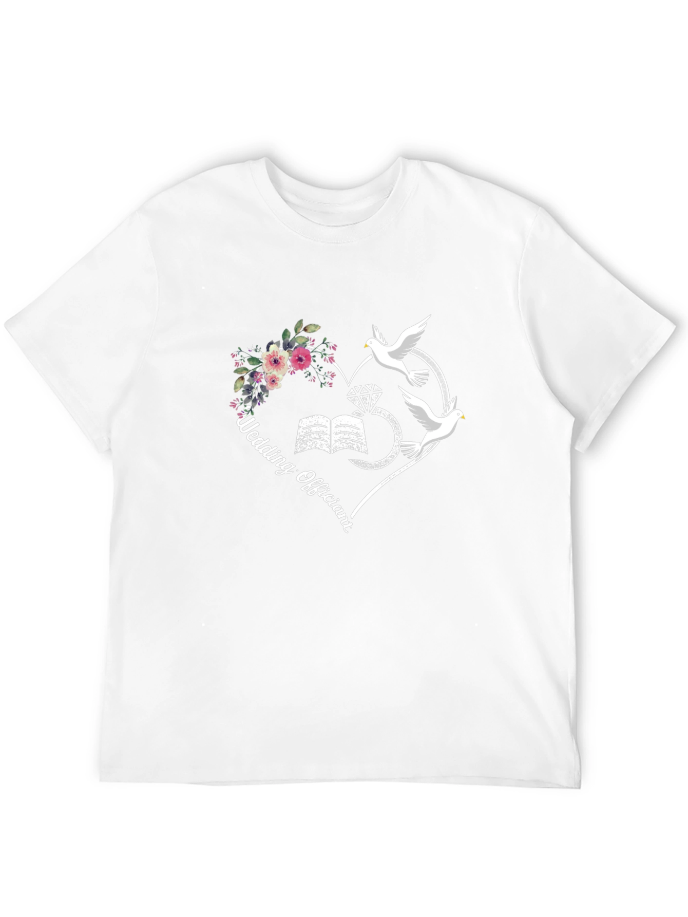 Wedding Officiant T-Shirt: Heart Doves Flowers Design