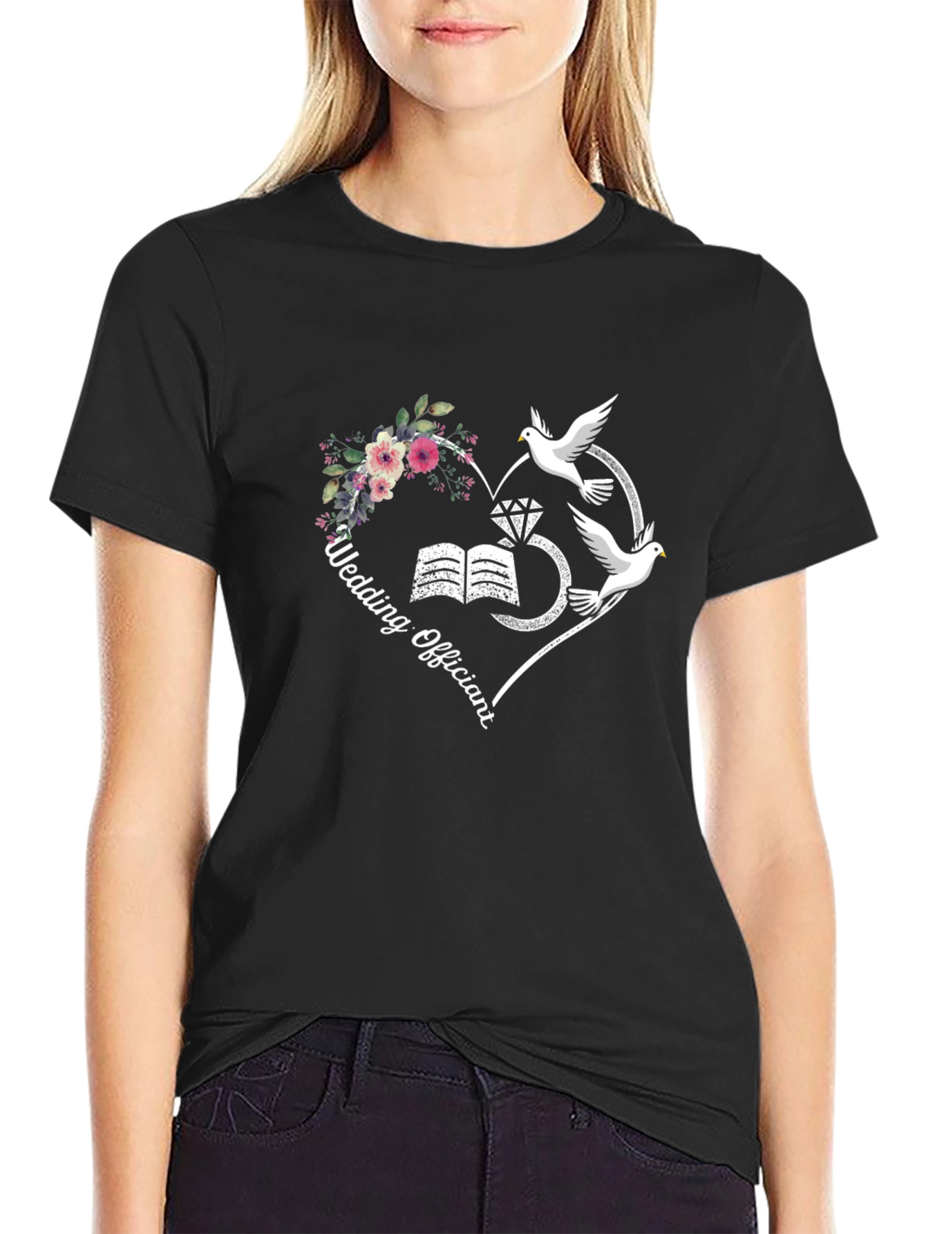 Wedding Officiant T-Shirt: Heart Doves Flowers Design