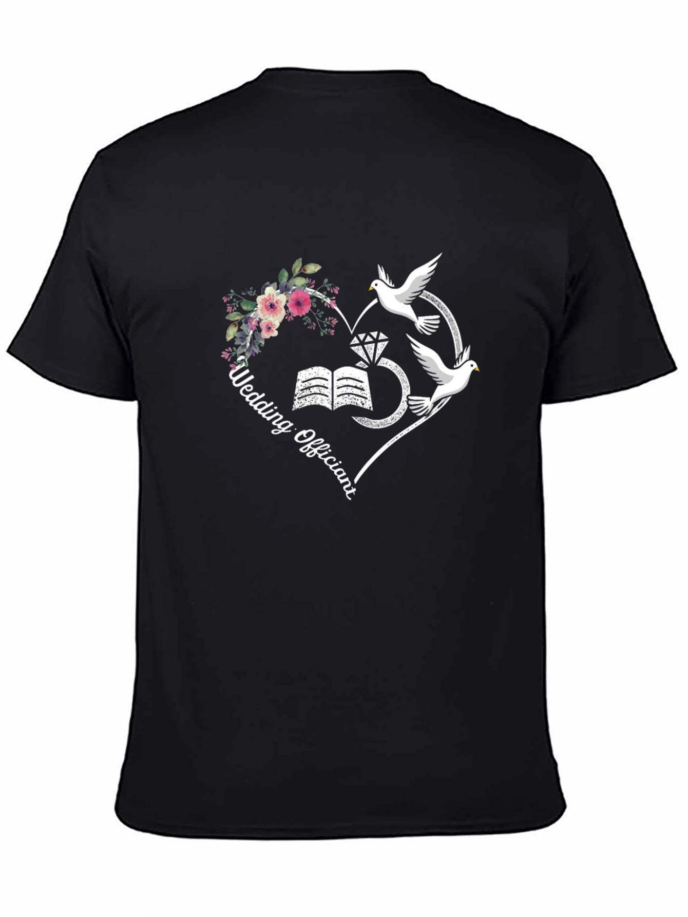 Wedding Officiant T-Shirt: Heart Doves Flowers Design