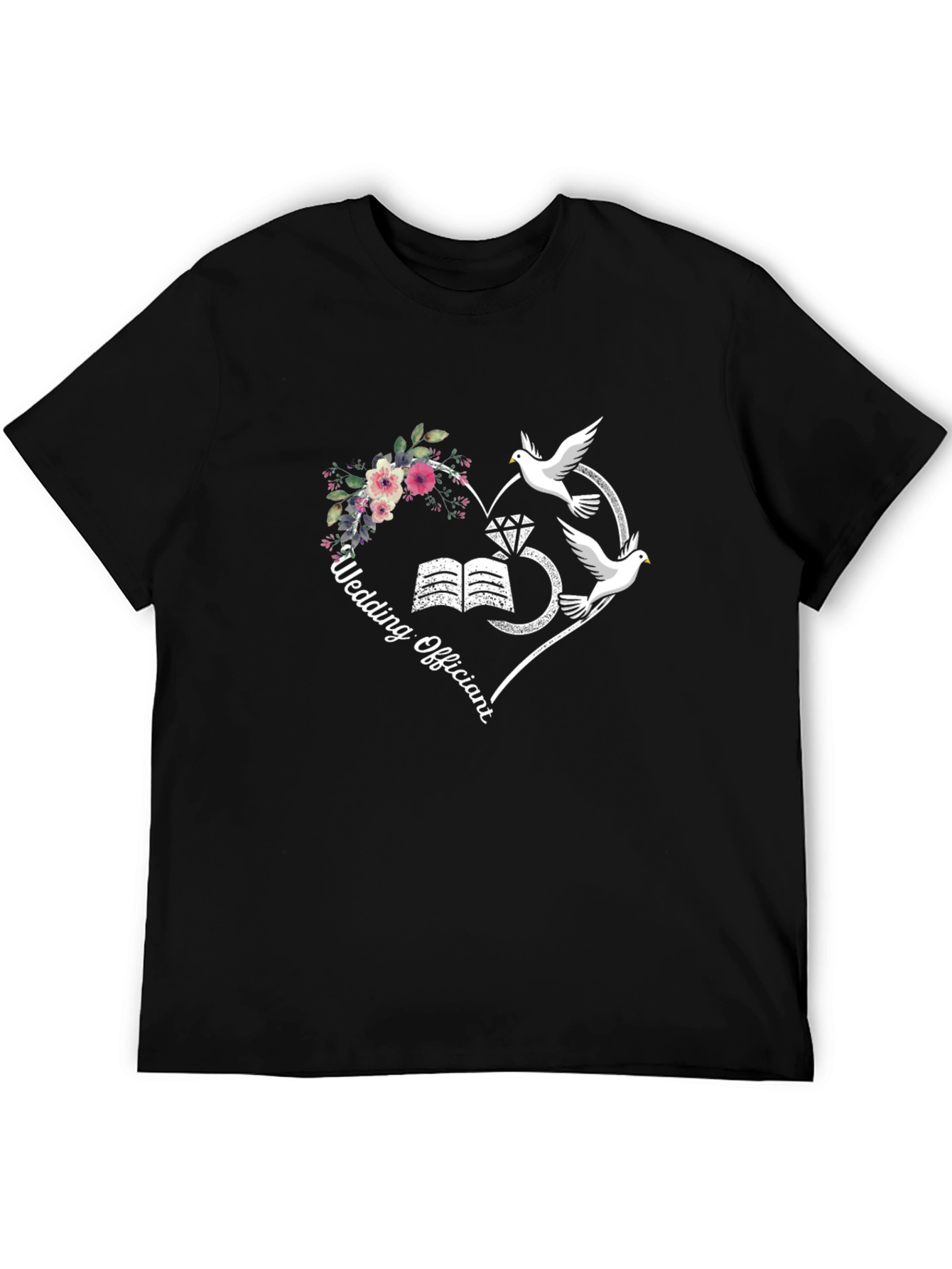 Wedding Officiant T-Shirt: Heart Doves Flowers Design