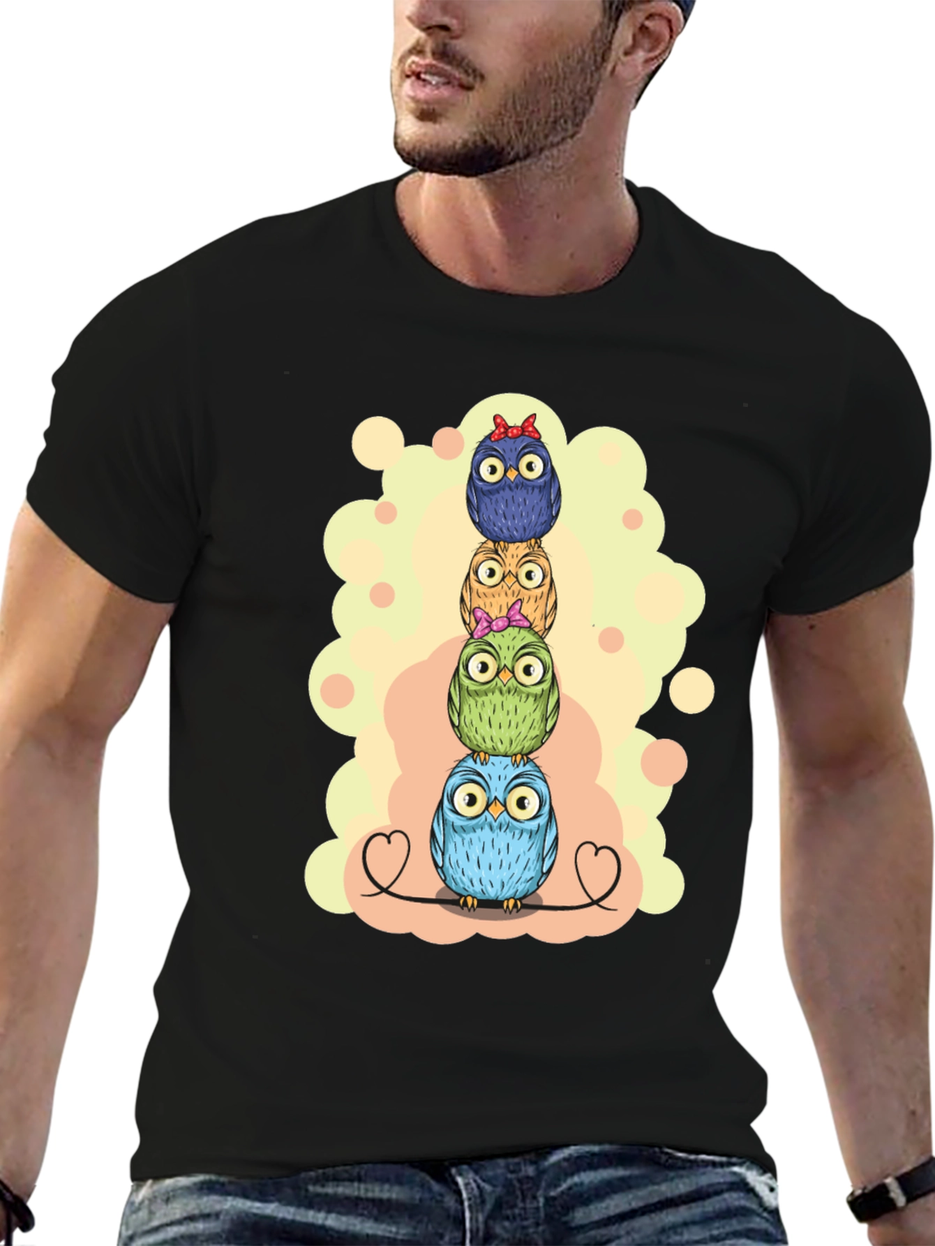 Stacked Owls Graphic Tee - Black Cotton T-Shirt