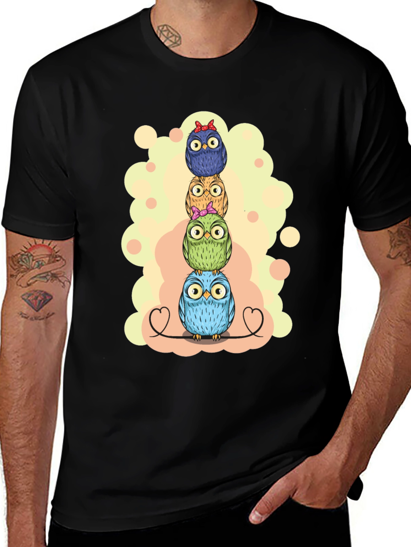 Stacked Owls Graphic Tee - Black Cotton T-Shirt
