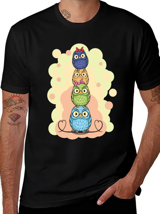 Stacked Owls Graphic Tee - Black Cotton T-Shirt