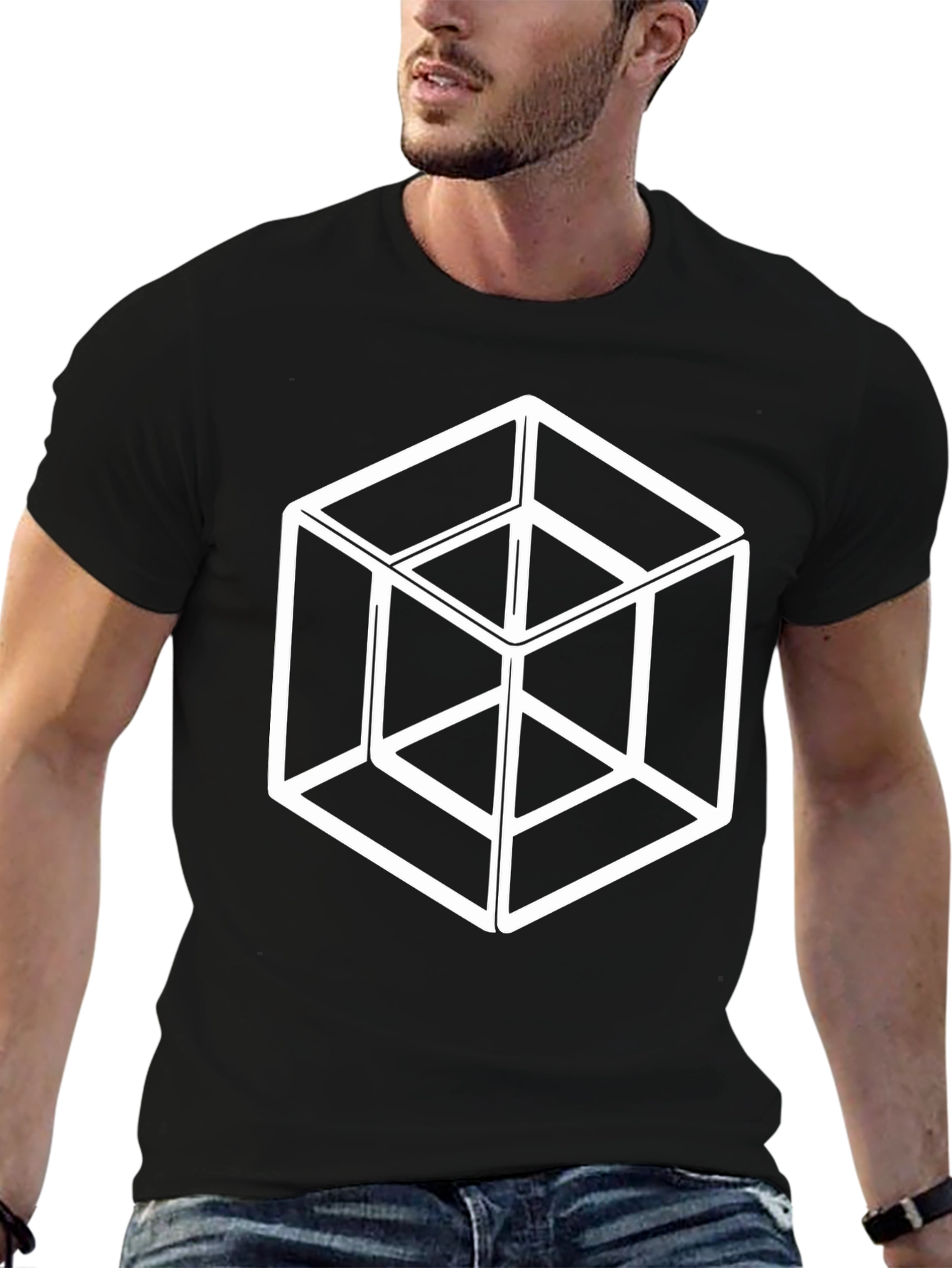 Optical Illusion Cube Graphic Tee - Black Cotton T-Shirt