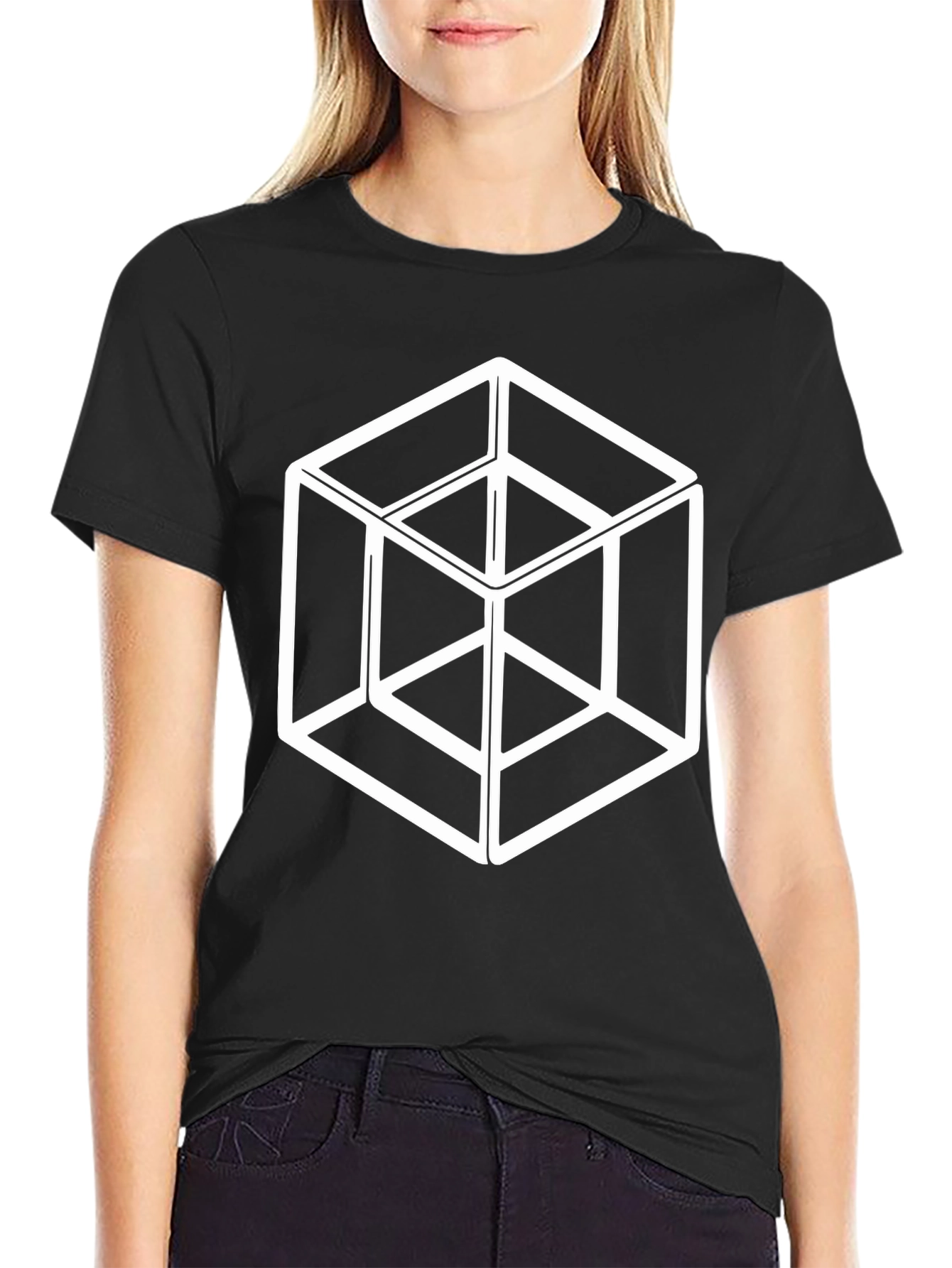 Optical Illusion Cube Graphic Tee - Black Cotton T-Shirt