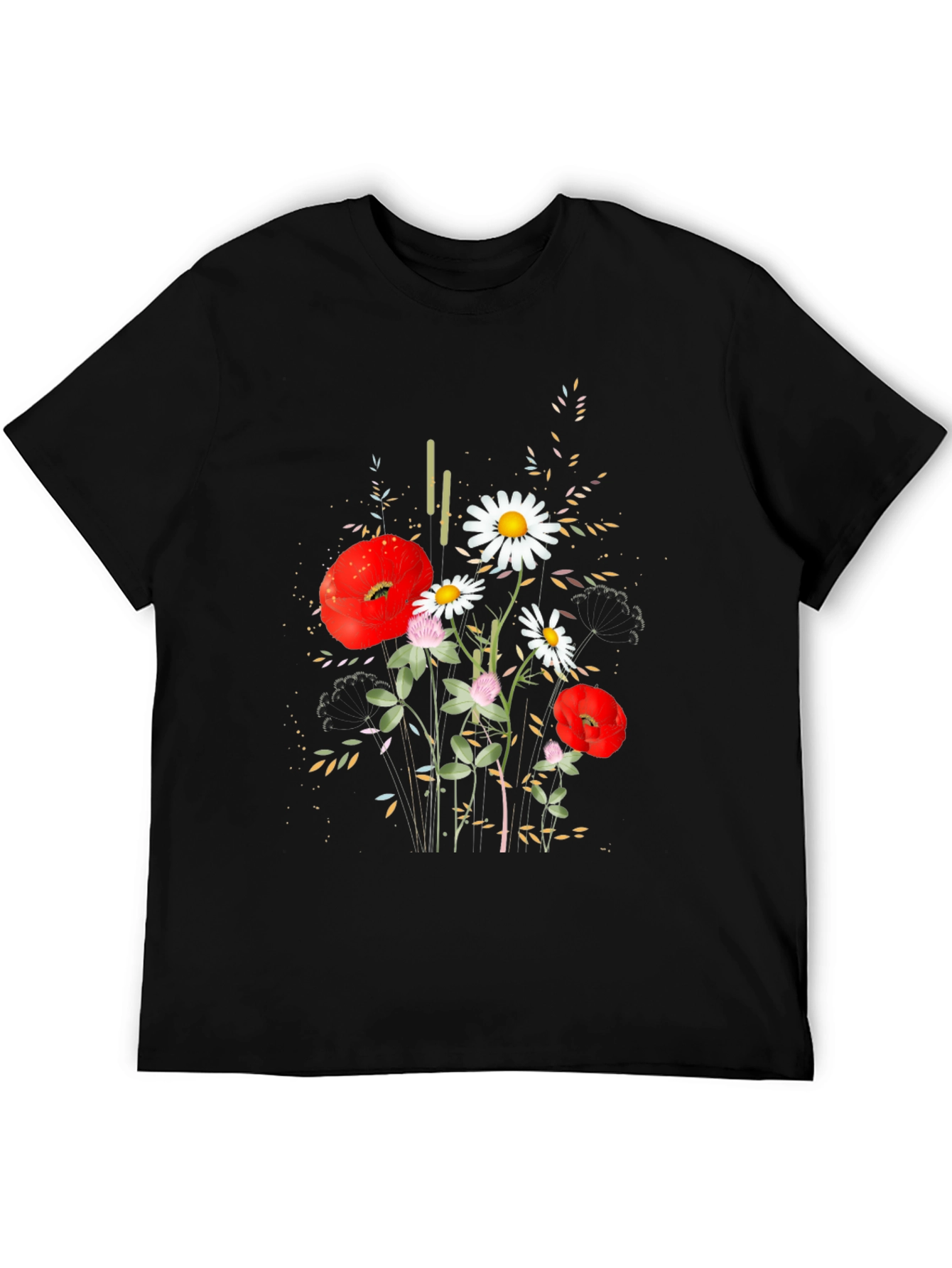 Floral Print Black Cotton T-Shirt
