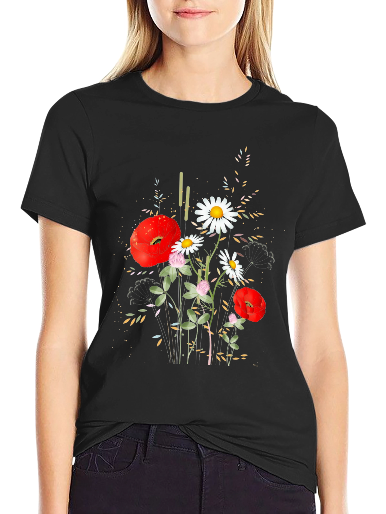 Floral Print Black Cotton T-Shirt