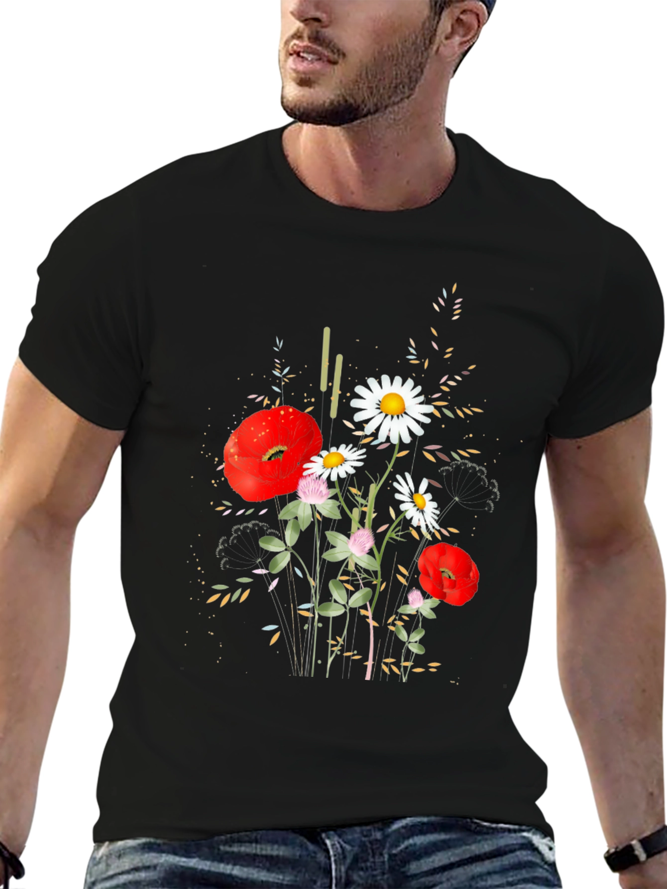 Floral Print Black Cotton T-Shirt