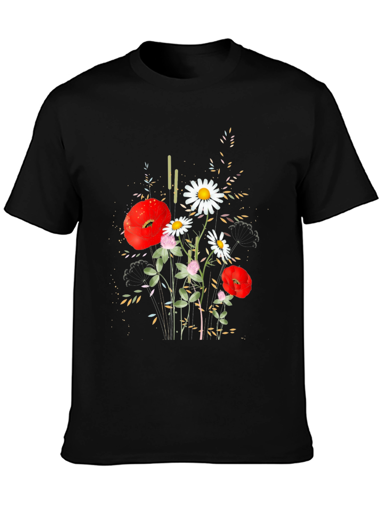 Floral Print Black Cotton T-Shirt