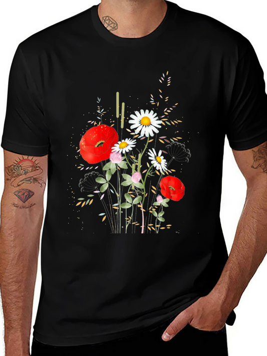 Floral Print Black Cotton T-Shirt