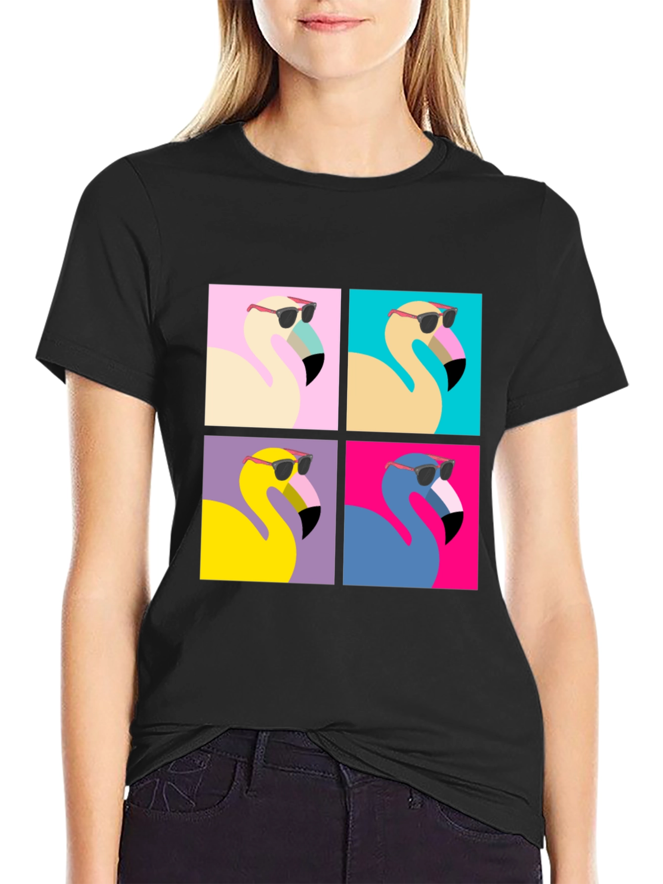 Cool Flamingo Pop Art Black Tee